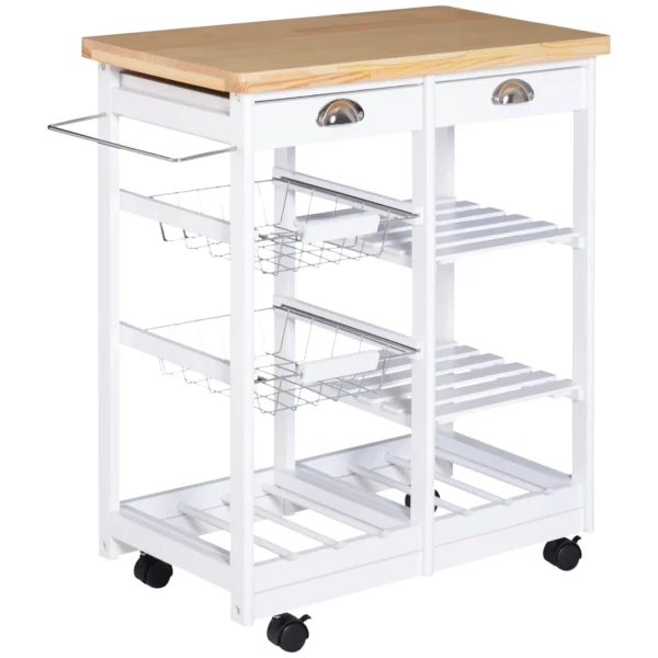 kitchen trolley with drawers and wooden and white holder