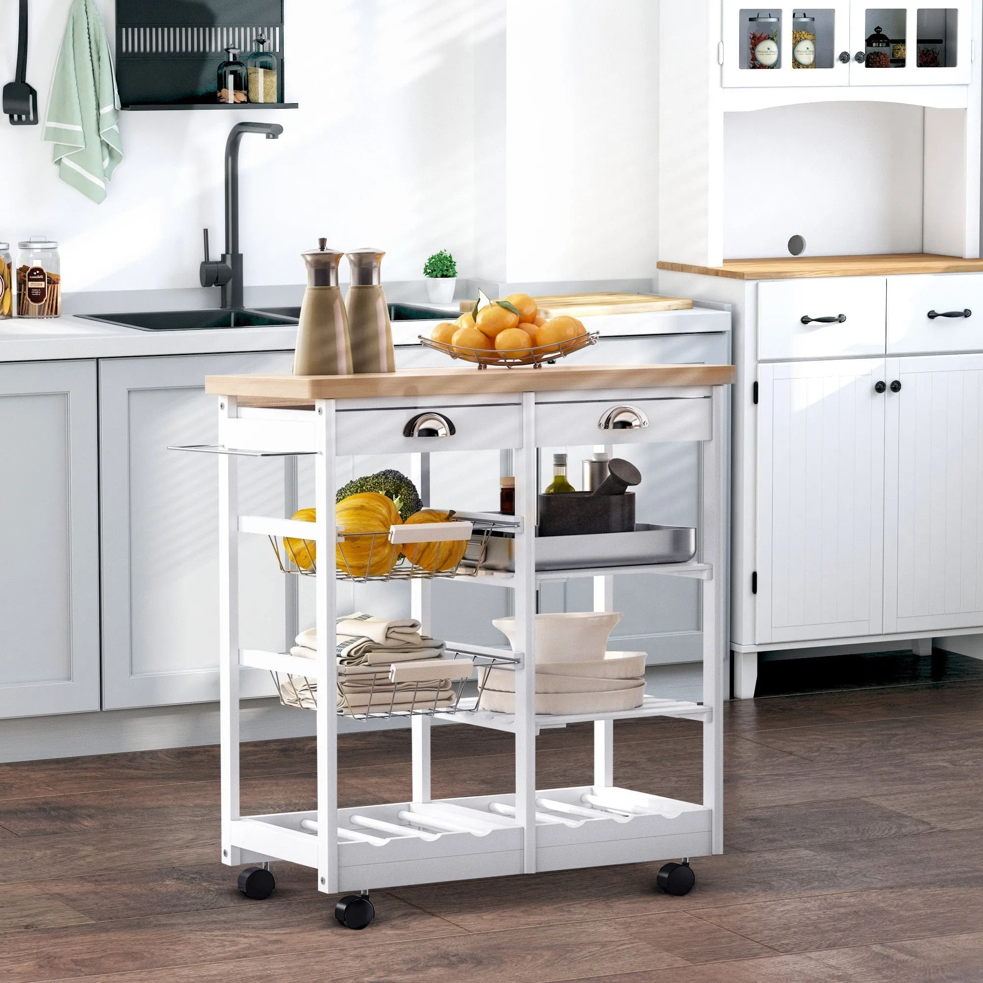 kitchen trolley with drawers and wooden and white holder - Image 2