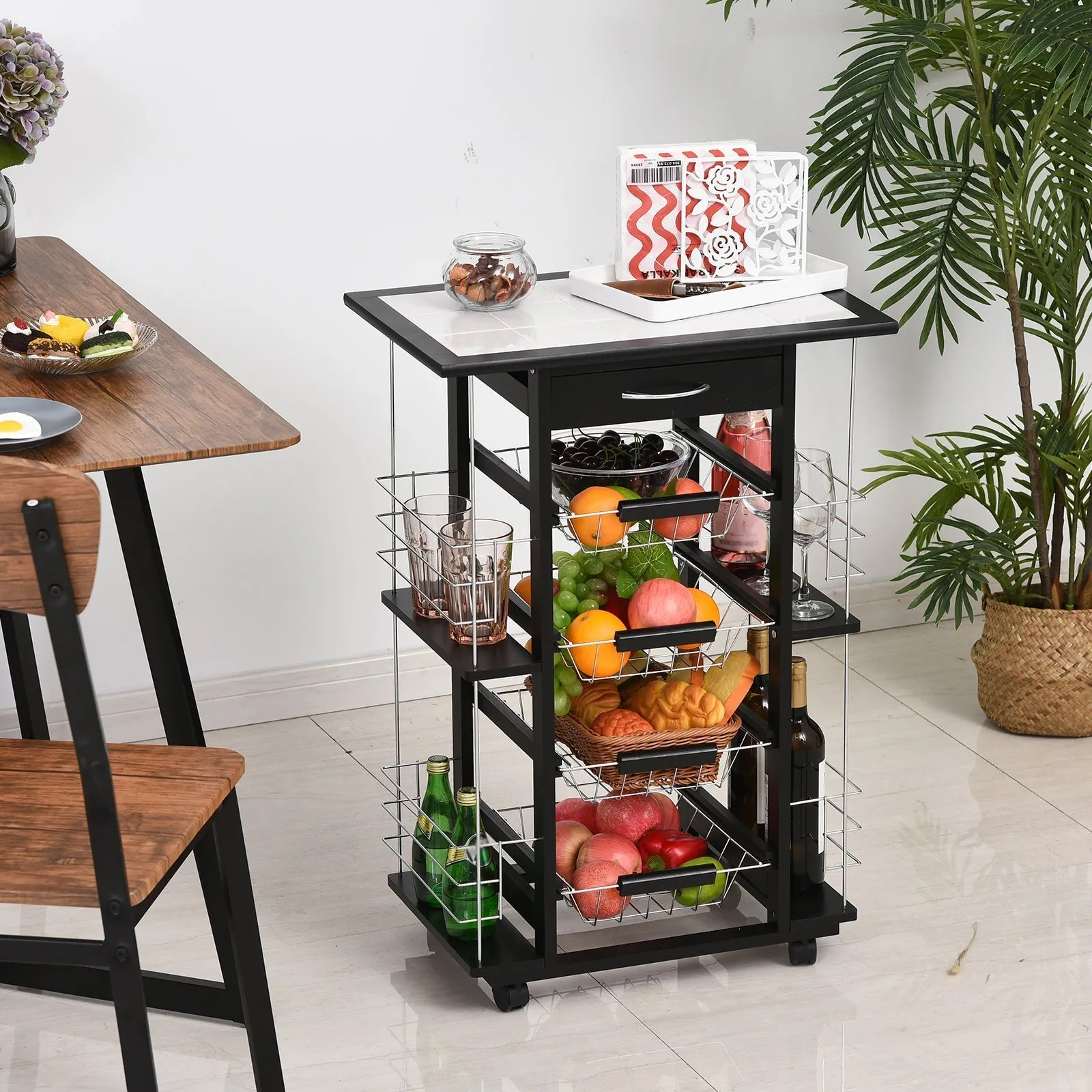 Kitchen Trolley with Drawer, 4 Pull-Out Fruit Baskets and Ceramic Top, Space-Saving Kitchen Cart with 4 Side Shelves in Pine Wood and Metal, 57x37x83 cm, Black - Image 2