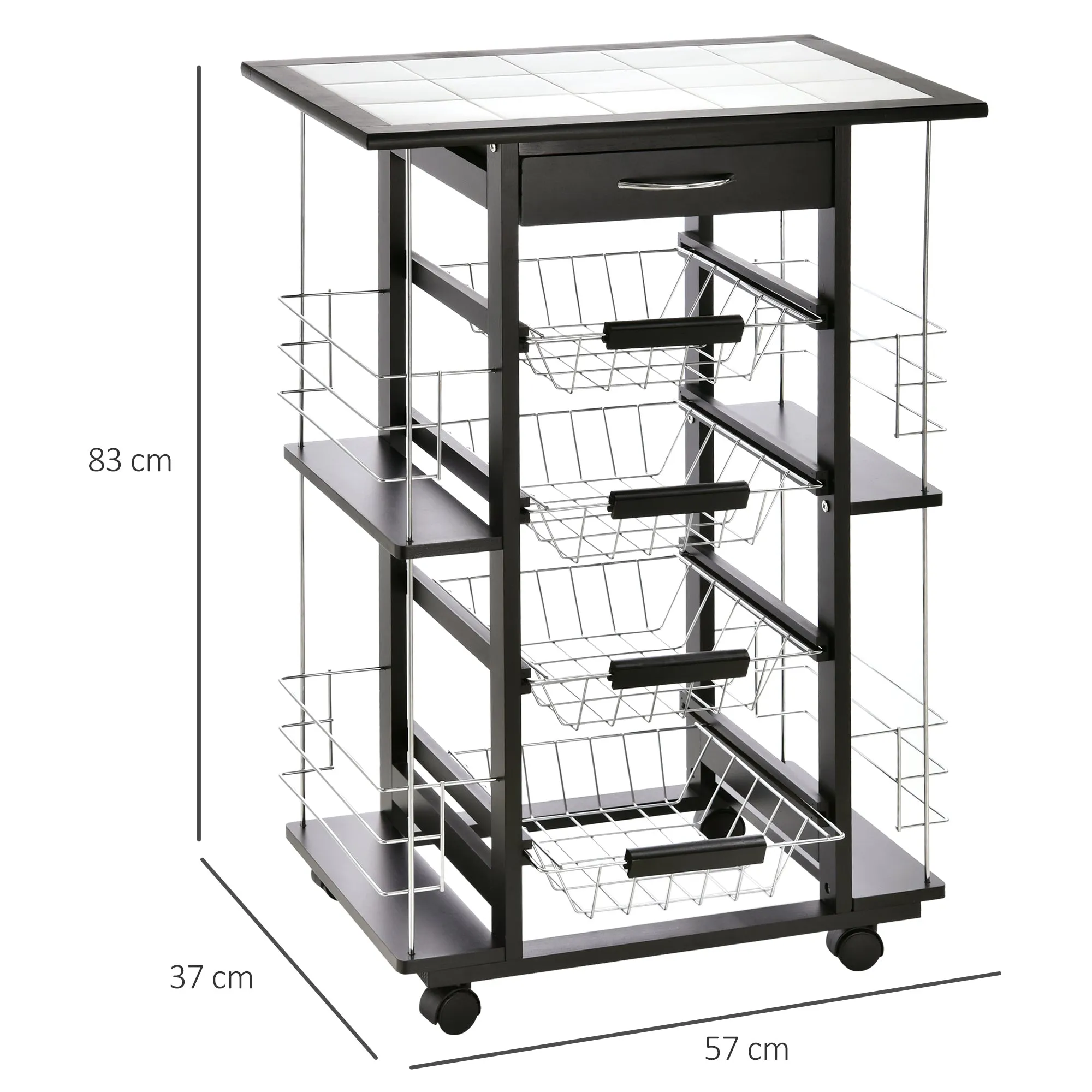 Kitchen Trolley with Drawer, 4 Pull-Out Fruit Baskets and Ceramic Top, Space-Saving Kitchen Cart with 4 Side Shelves in Pine Wood and Metal, 57x37x83 cm, Black - Image 3