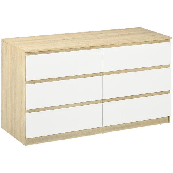 Modern 6 Drawer Wooden Chest of Drawers, 135x48x77cm, White and Wood Color