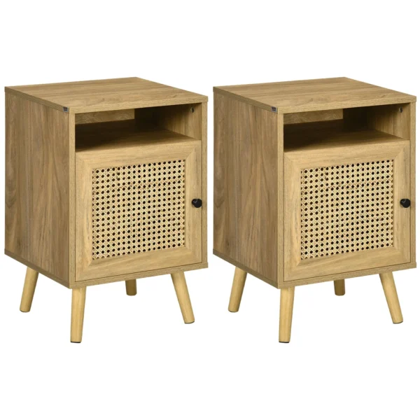 Set of 2 Boho Style Nightstands with Cabinet and Open Shelf, Chipboard, Rattan and MDF, 39x35x60 cm