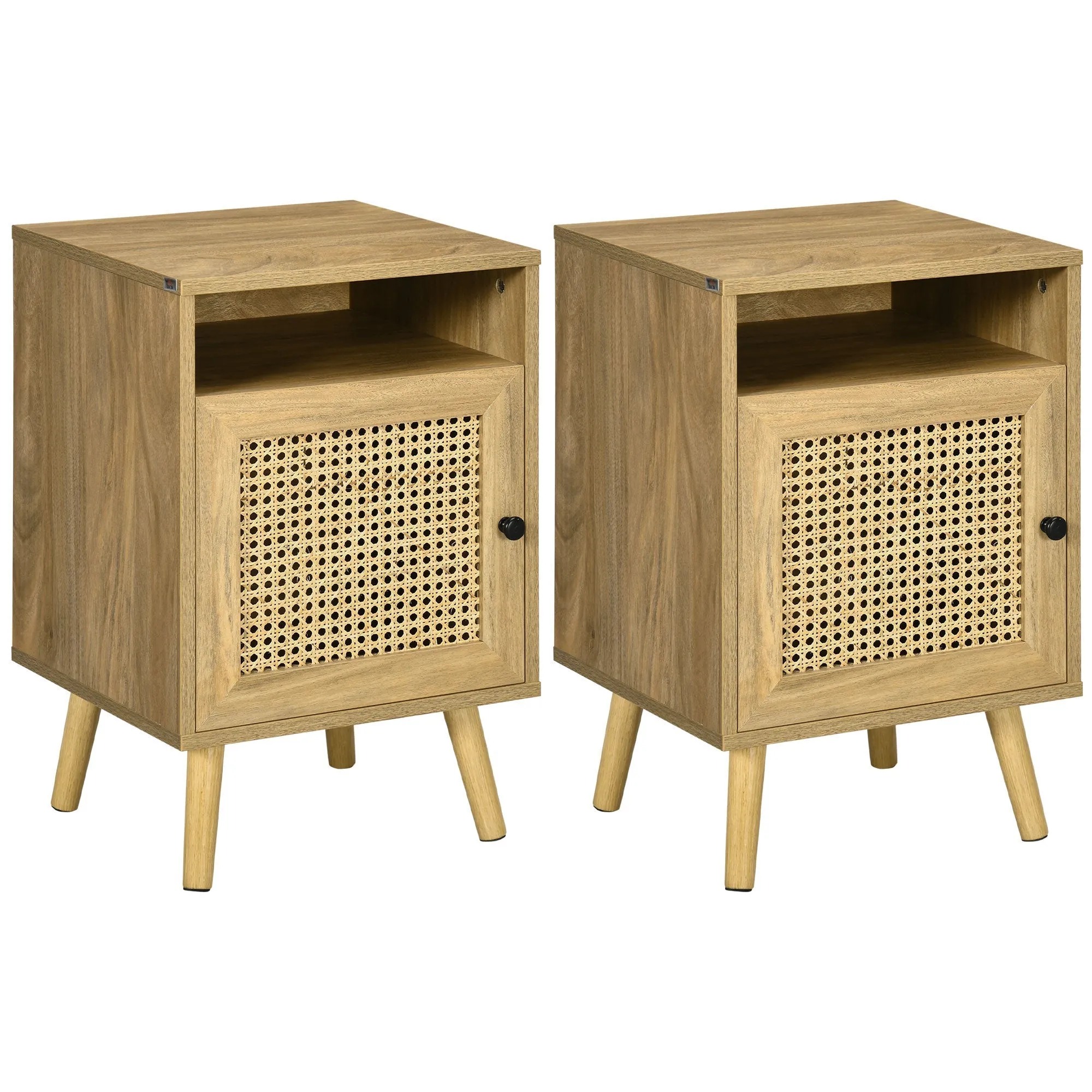 Set of 2 Boho Style Nightstands with Cabinet and Open Shelf, Chipboard, Rattan and MDF, 39x35x60 cm
