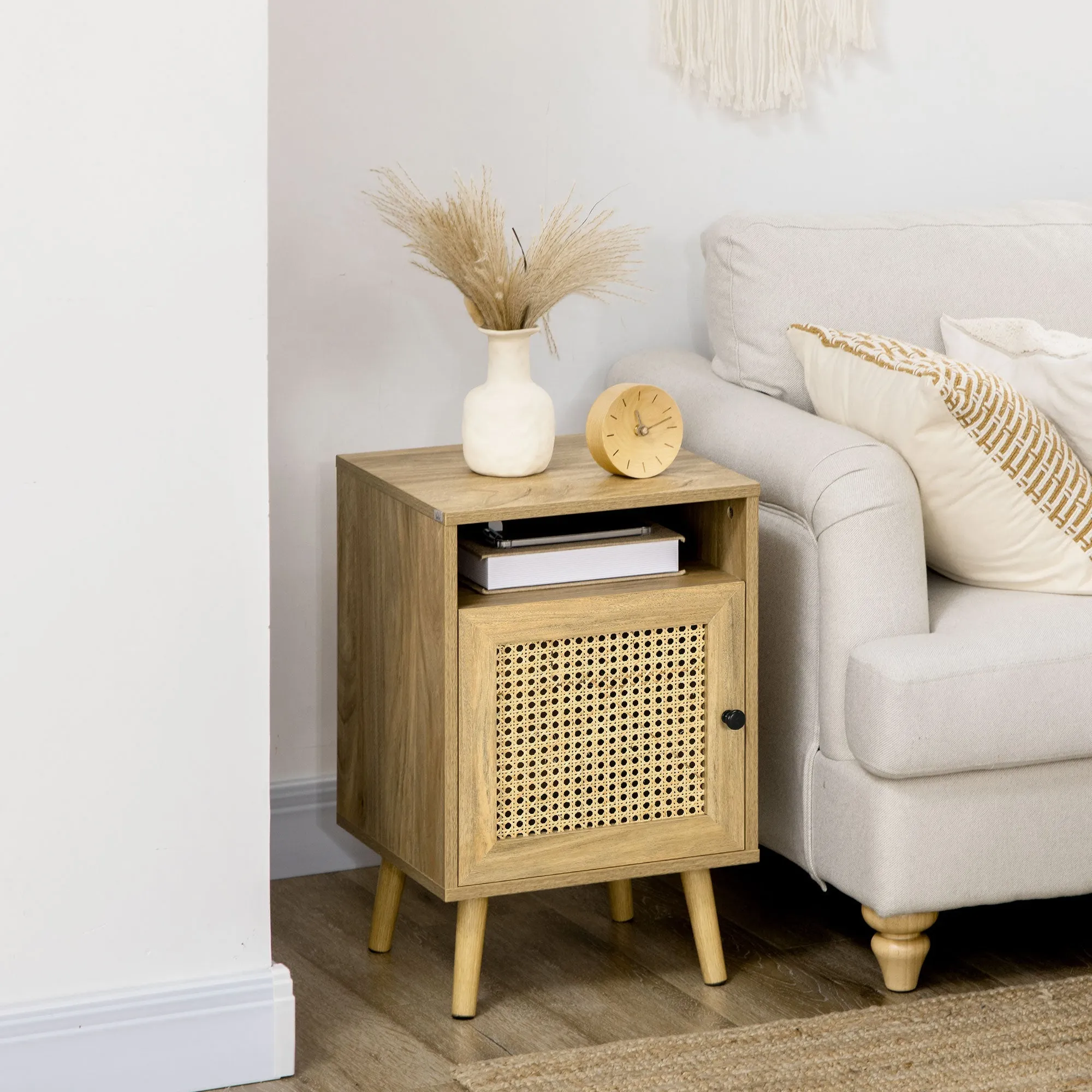 Set of 2 Boho Style Nightstands with Cabinet and Open Shelf, Chipboard, Rattan and MDF, 39x35x60 cm - Image 2
