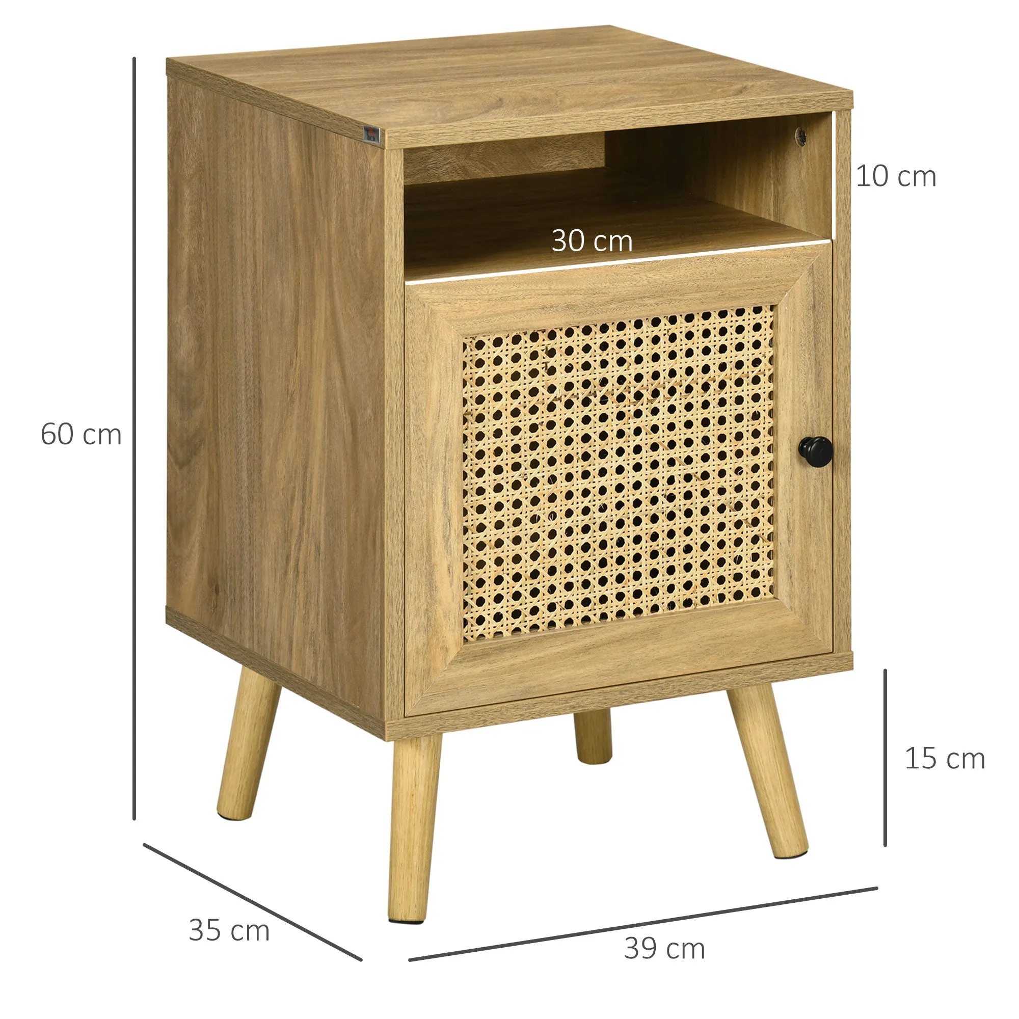 Set of 2 Boho Style Nightstands with Cabinet and Open Shelf, Chipboard, Rattan and MDF, 39x35x60 cm - Image 3