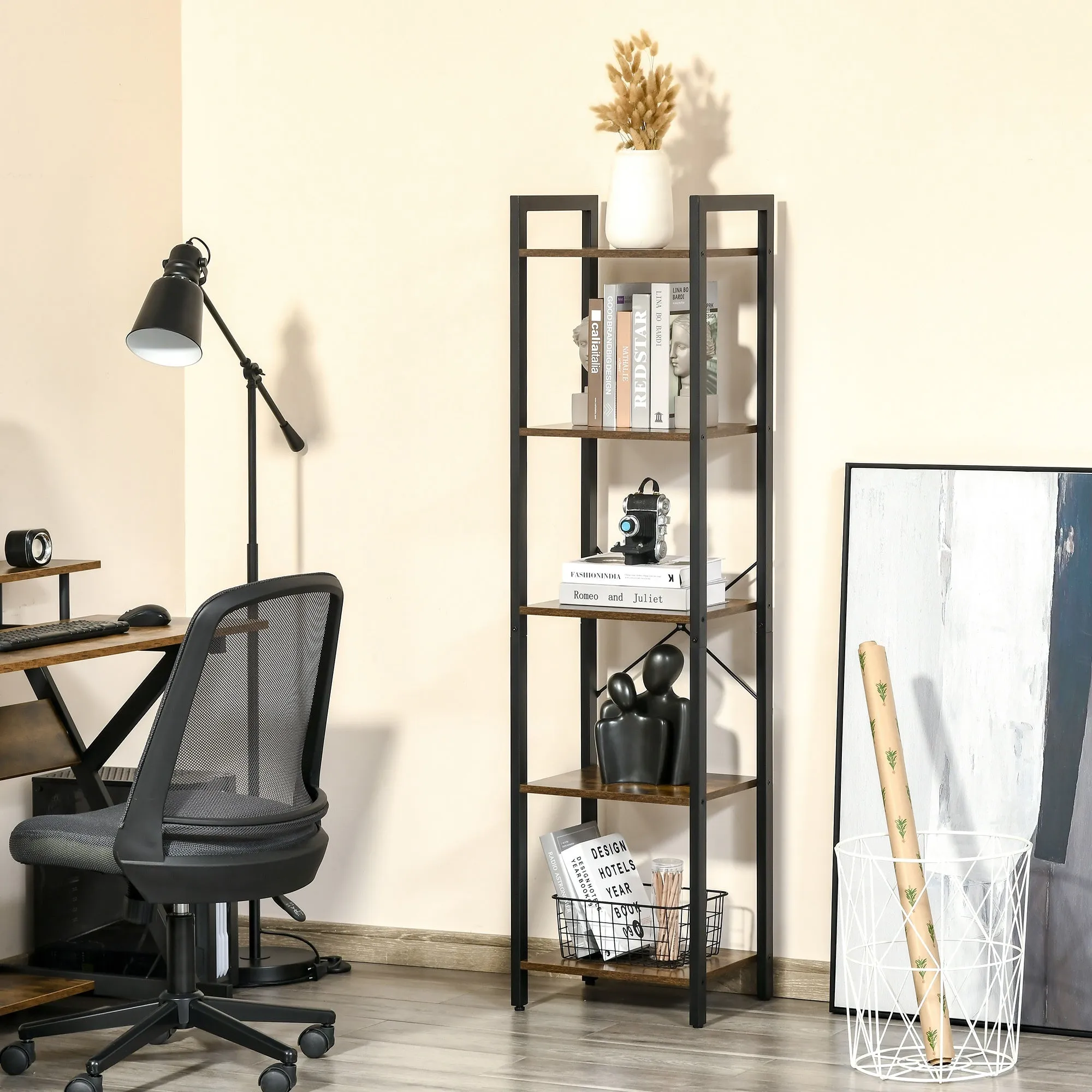 Industrial Style 5-Tier Bookcase in Wood and Steel, 40x30x154cm, Rustic Brown - Image 2