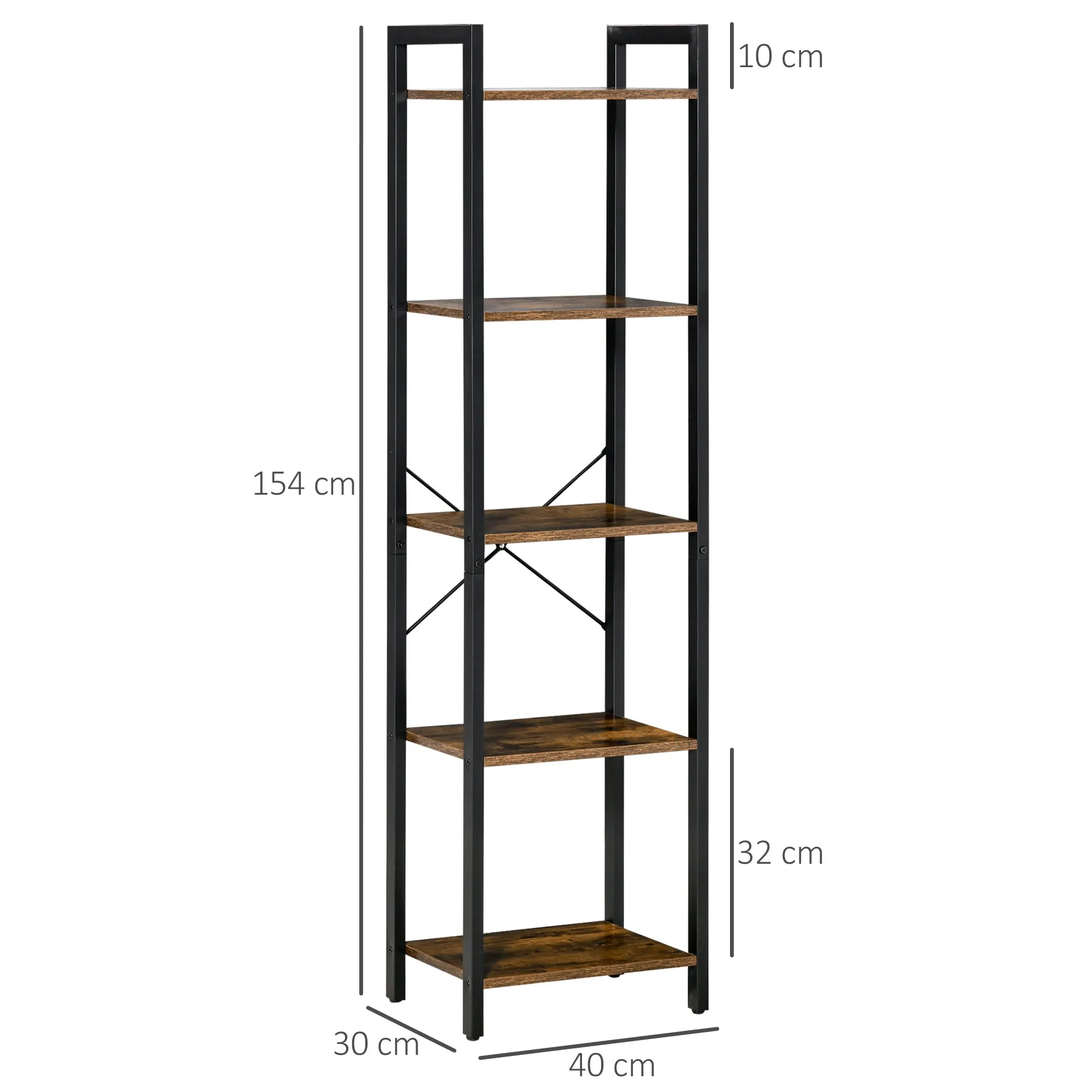 Industrial Style 5-Tier Bookcase in Wood and Steel, 40x30x154cm, Rustic Brown - Image 3