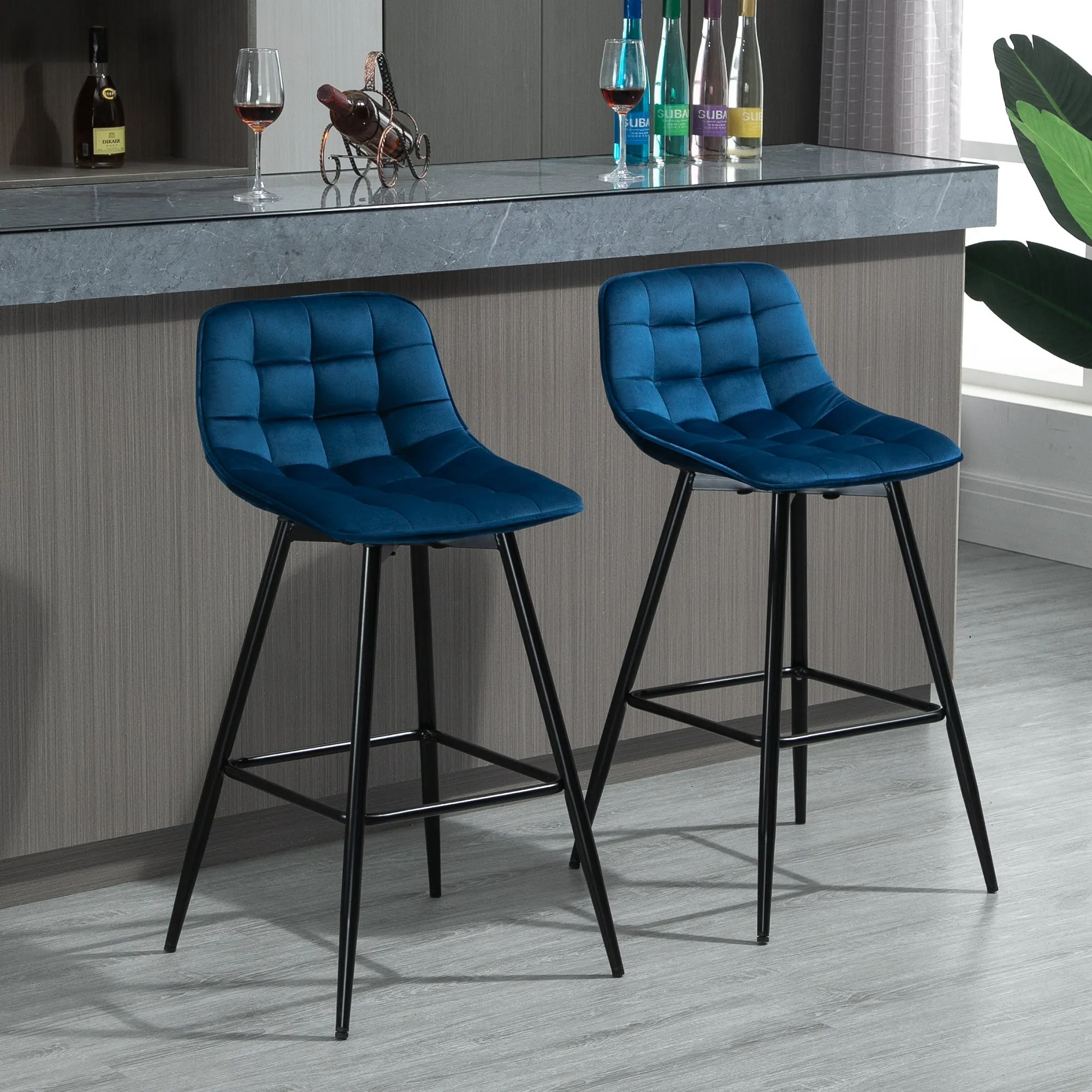 Set of 2 Bar Stools with Backrest and Footrest, Nordic Style High Upholstered Chairs in Metal and Velvet, Blue, 45x47x88cm - Image 2