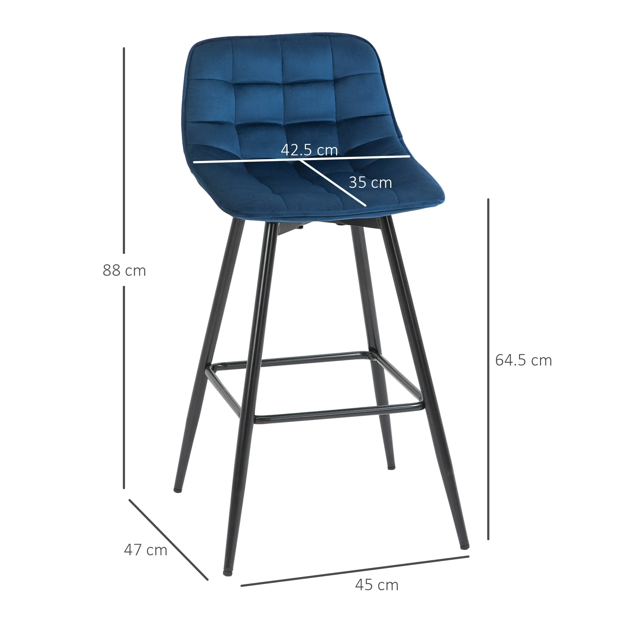 Set of 2 Bar Stools with Backrest and Footrest, Nordic Style High Upholstered Chairs in Metal and Velvet, Blue, 45x47x88cm - Image 3