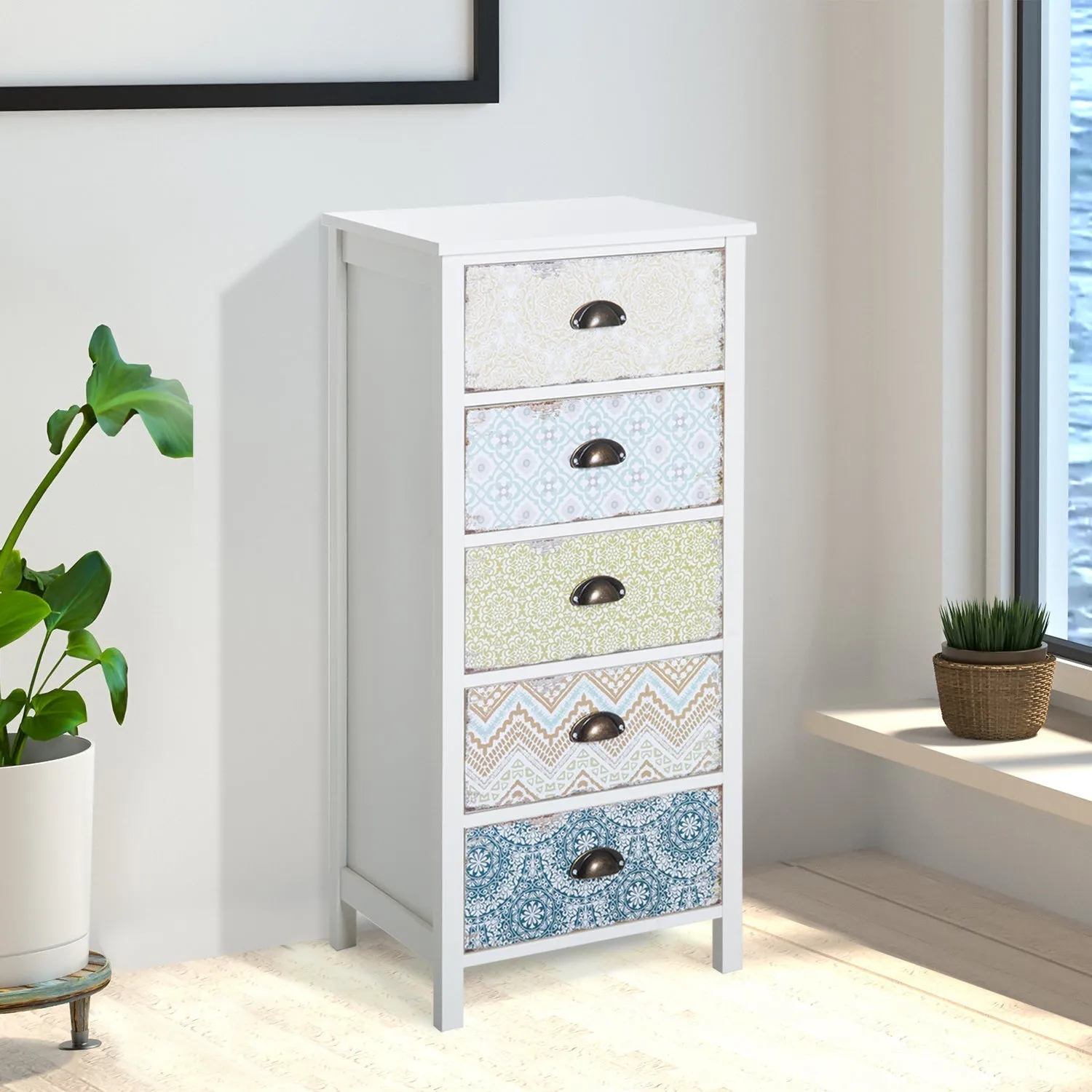 Vintage Chest of Drawers Cabinet with 5 Drawers Shabby Style Bathroom, Entrance, Bedroom 46 × 34 × 97.5cm White - Image 3