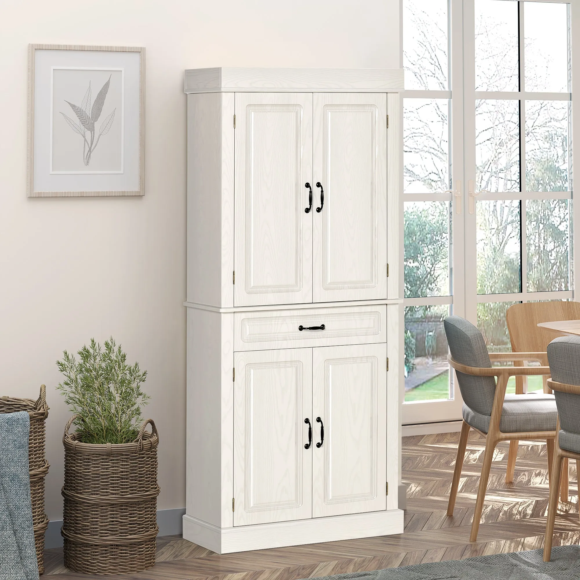 Kitchen Credenza with 2 cabinets and colonial style drawer, 80x35x180 white white - Image 2