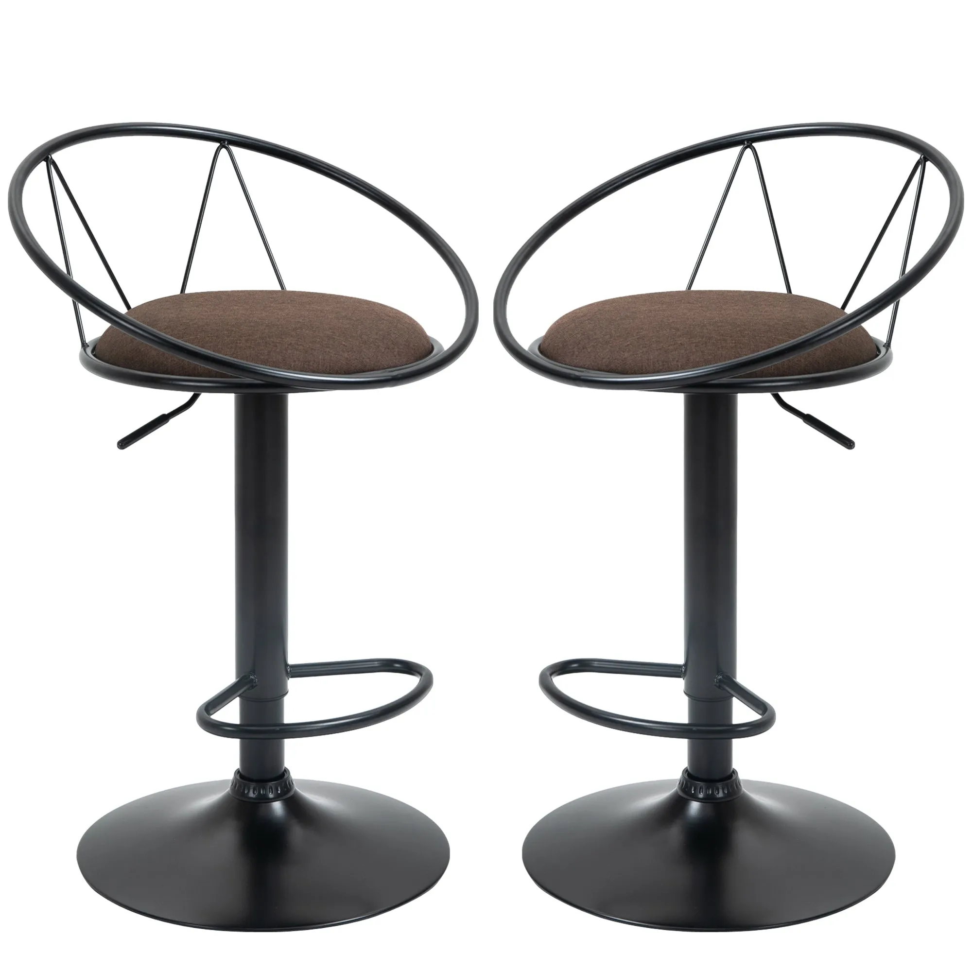 Set of 2 Swivel Bar Stools with Metal Backrest and Footrest, Adjustable Height and Padded Seat for Living Room and Kitchen, Brown 51x46x78-100cm