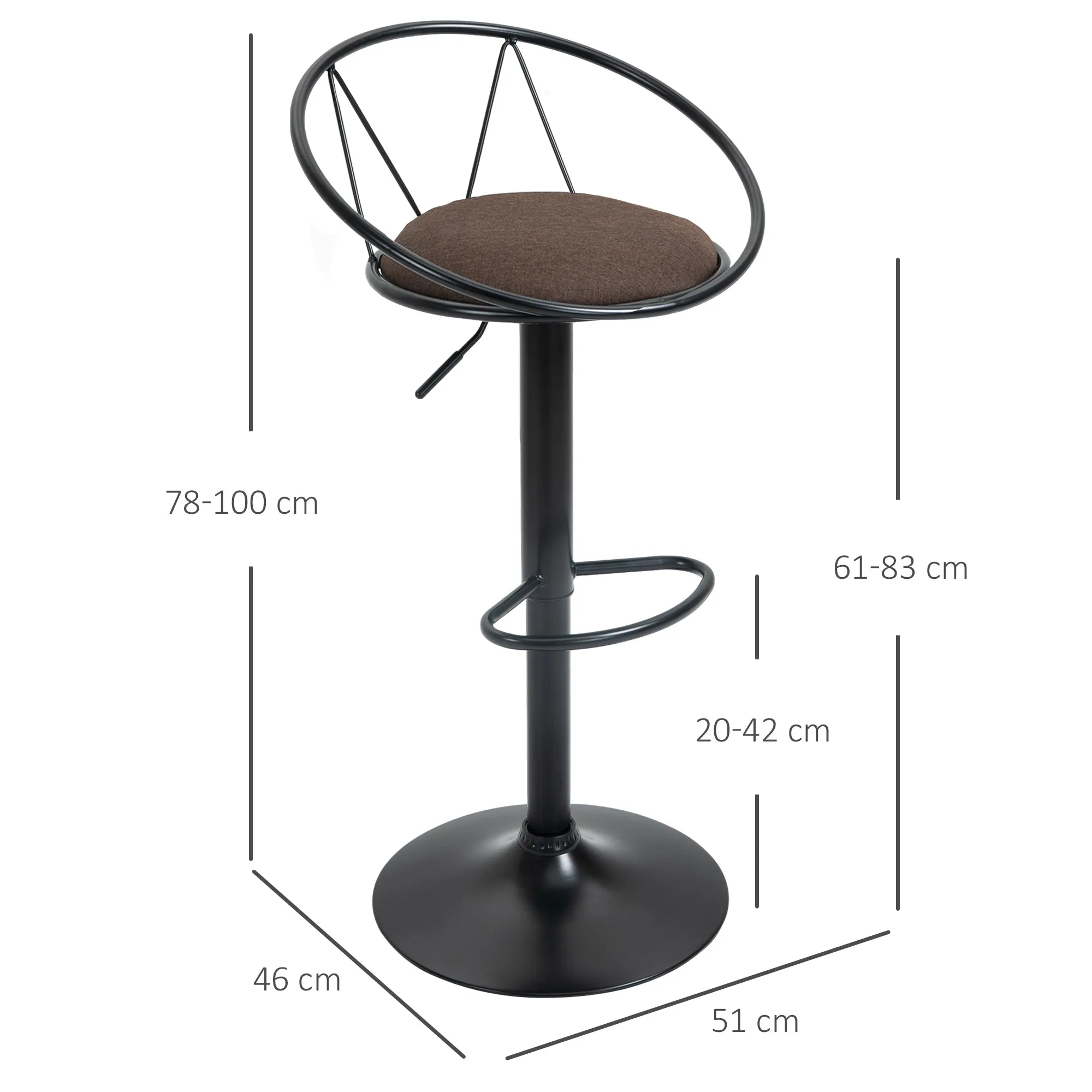 Set of 2 Swivel Bar Stools with Metal Backrest and Footrest, Adjustable Height and Padded Seat for Living Room and Kitchen, Brown 51x46x78-100cm - Image 3