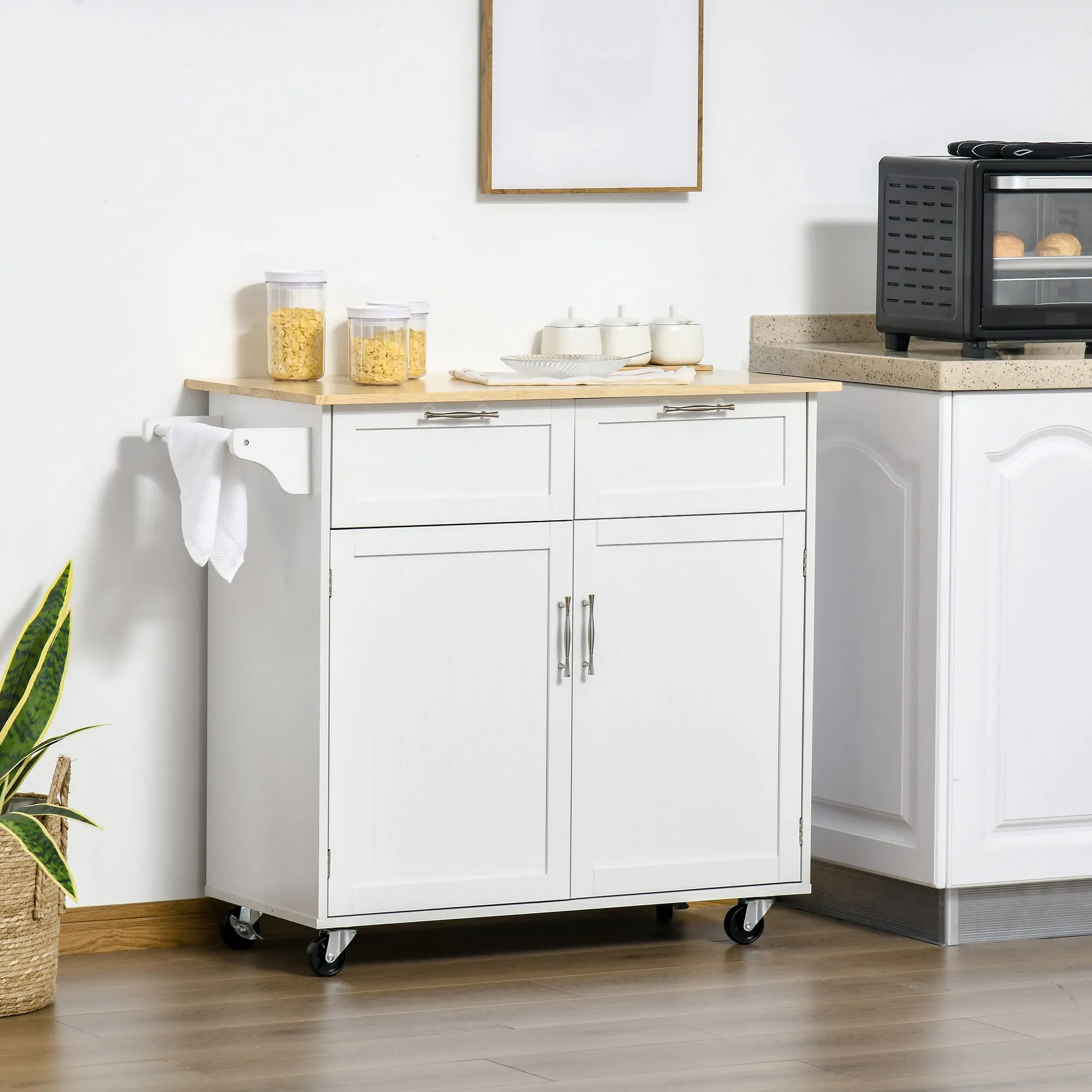 Multipurpose Wooden Kitchen Cart with 2 Drawers, 104x46x91cm - White - Image 2