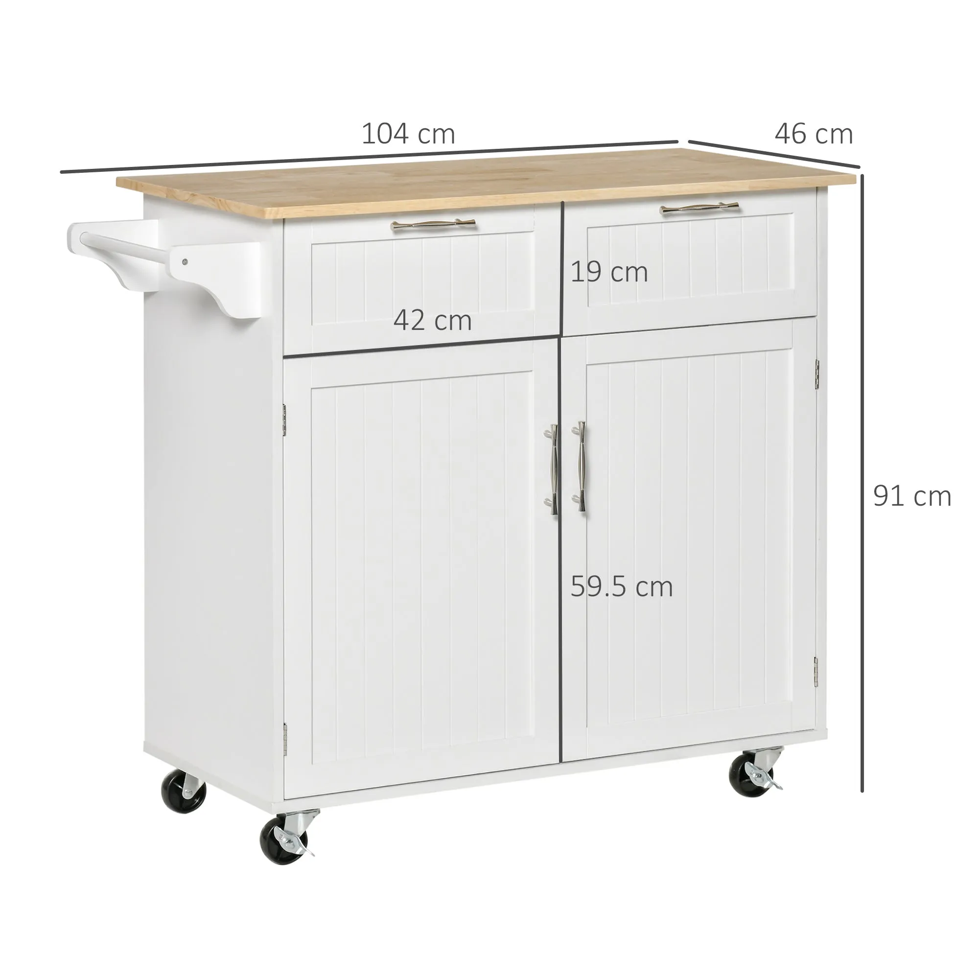Multipurpose Wooden Kitchen Cart with 2 Drawers, 104x46x91cm - White - Image 3