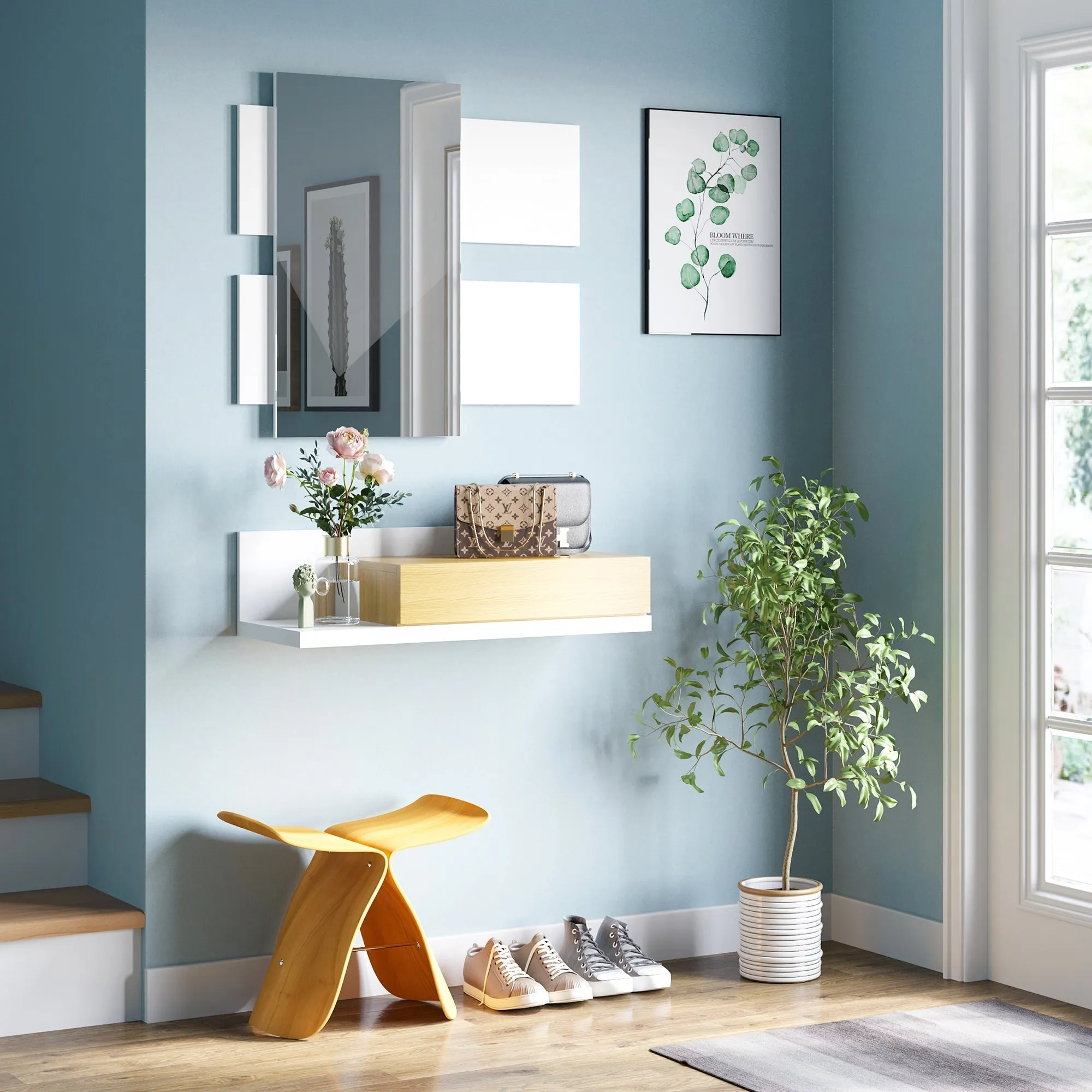 Hallway Furniture Set with 40x70cm Mirror and Wooden Drawer with Wall Fixing - Image 2