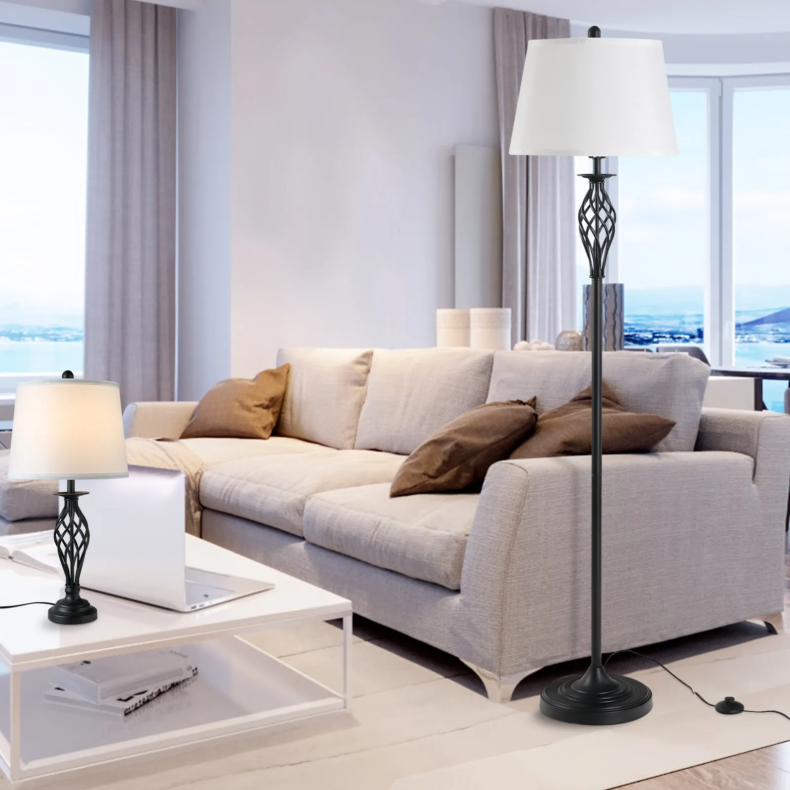 3 Piece Set: 1 Floor Lamp and 2 Metal Table Lamps, Vintage Design, E27 Bulbs, Black and White - Image 2