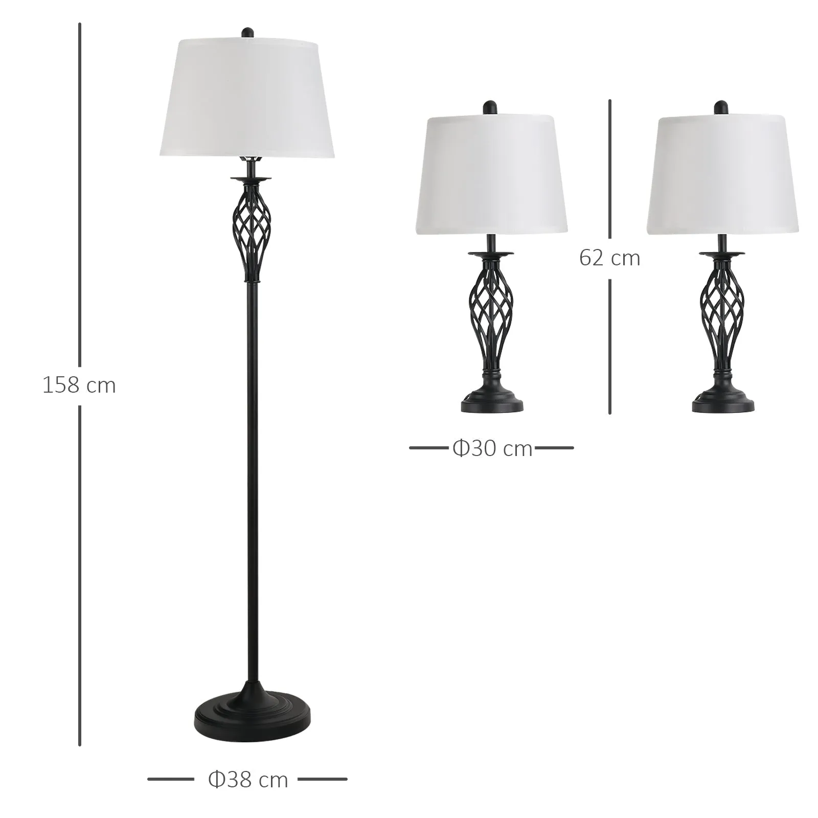 3 Piece Set: 1 Floor Lamp and 2 Metal Table Lamps, Vintage Design, E27 Bulbs, Black and White - Image 3