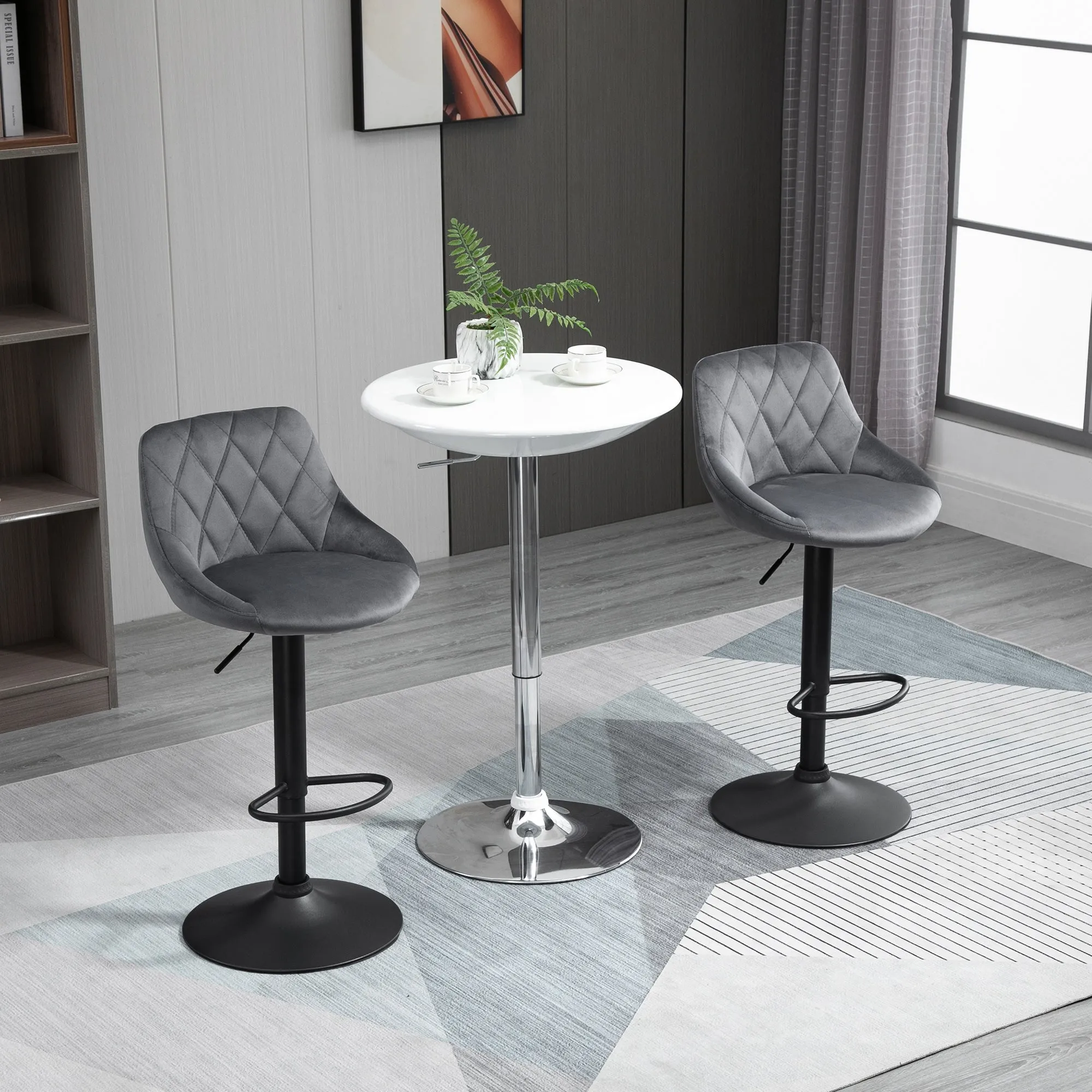 Set of 2 Bar Stools, Adjustable Height with Metal Base and Velvet Seat, Modern Stools with Backrest and Footrest, 46x48x83-104cm, Grey and Black - Image 2