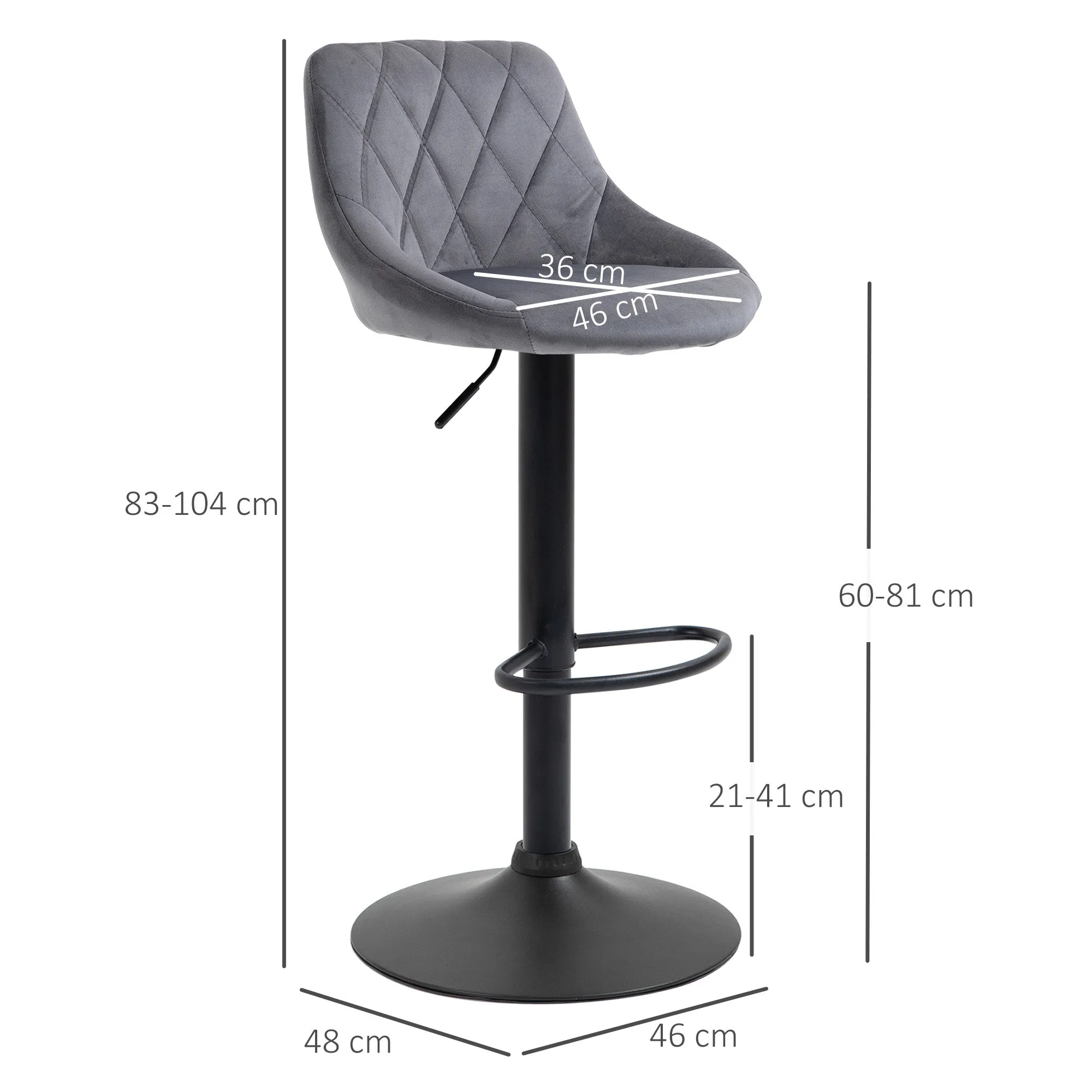 Set of 2 Bar Stools, Adjustable Height with Metal Base and Velvet Seat, Modern Stools with Backrest and Footrest, 46x48x83-104cm, Grey and Black - Image 3