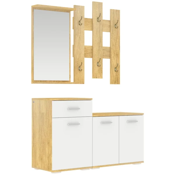 3-in-1 Entryway Set with Wall Mounted Coat Rack, Mirror and Shoe Rack with Wooden Bench