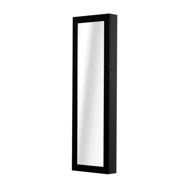 Wall Mounted Jewellery Cabinet with Hooks and Wooden Compartments, Jewellery Cabinet with Mirror for Earrings, Necklaces and Rings, 37x9.5x121 cm, Black