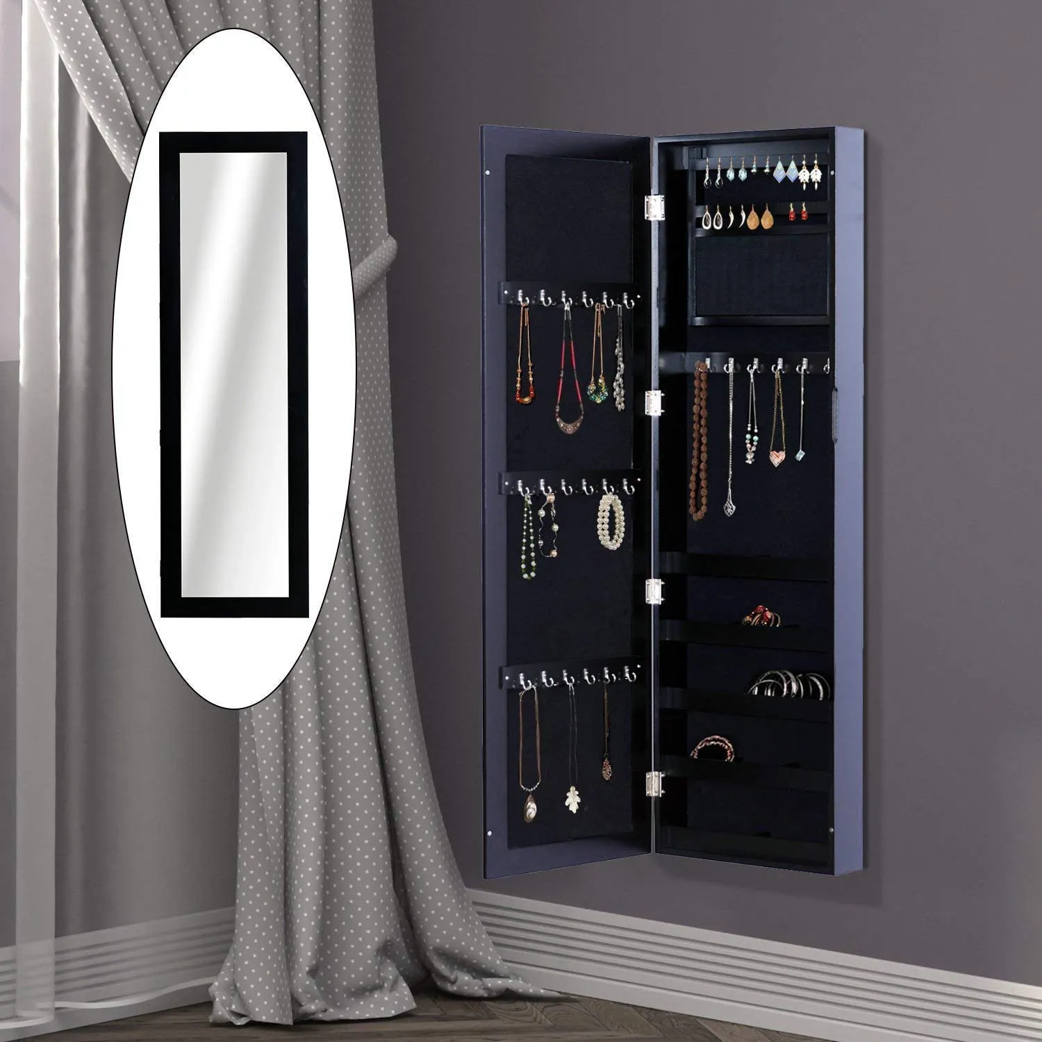 Wall Mounted Jewellery Cabinet with Hooks and Wooden Compartments, Jewellery Cabinet with Mirror for Earrings, Necklaces and Rings, 37x9.5x121 cm, Black - Image 2