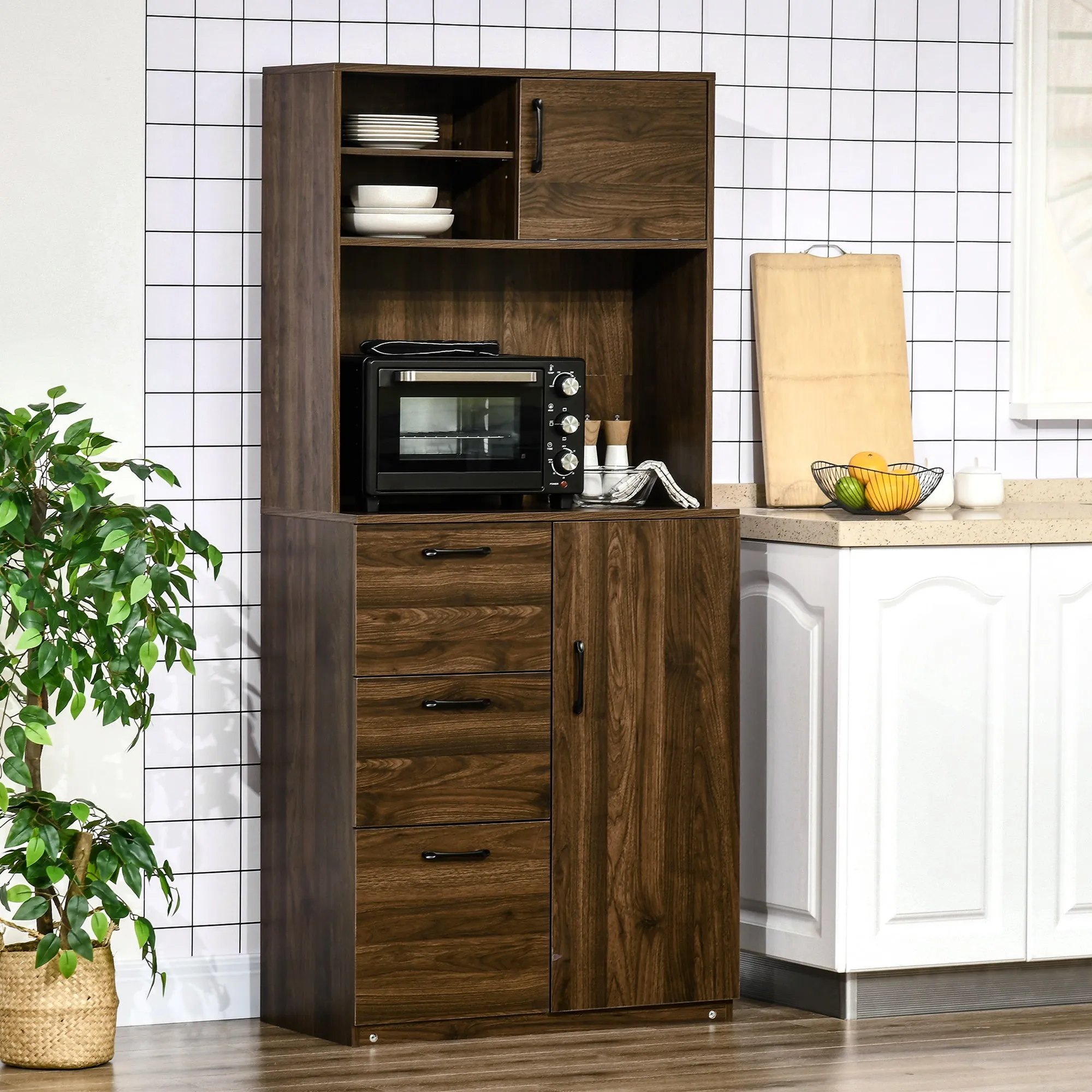 Modern Sideboard with 3 Drawers and Cabinets, Wooden Kitchen and Living Room Pantry Unit, 80x40x178cm, Walnut - Image 2