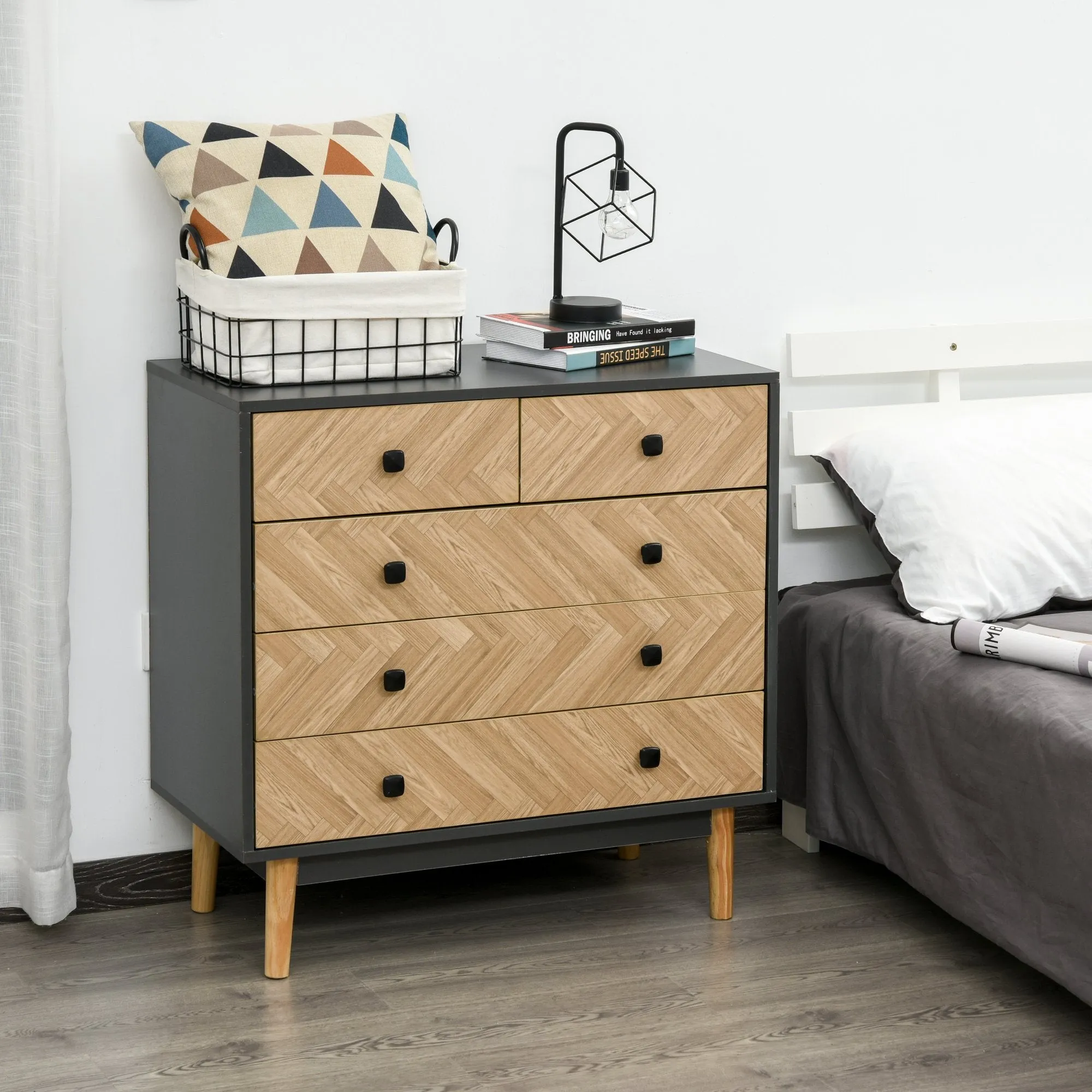 MANIRO | Wooden Bedroom Chest of Drawers with 5 Drawers, Vintage Industrial Style, Dark Grey, 80x40x80cm - Image 2