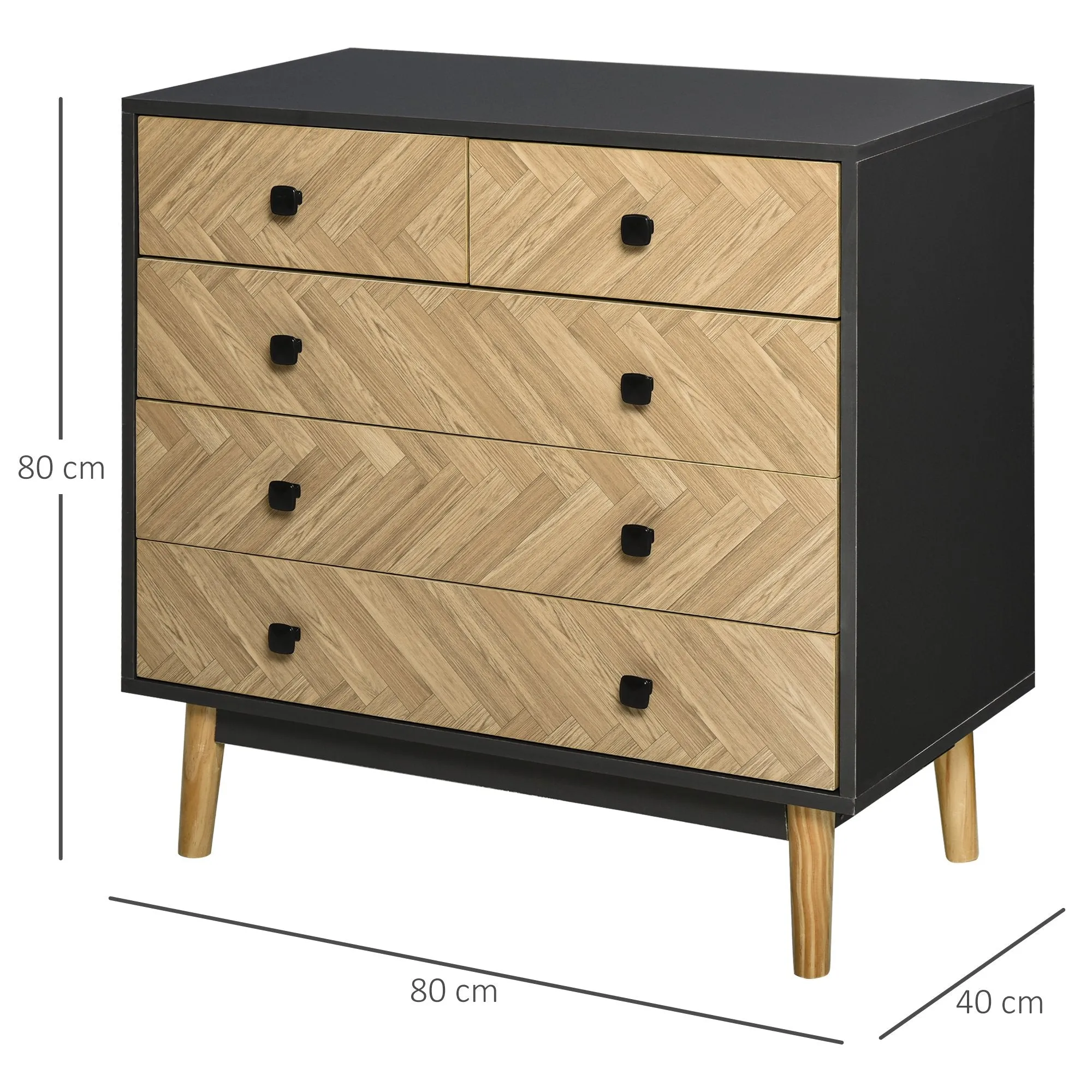 MANIRO | Wooden Bedroom Chest of Drawers with 5 Drawers, Vintage Industrial Style, Dark Grey, 80x40x80cm - Image 3