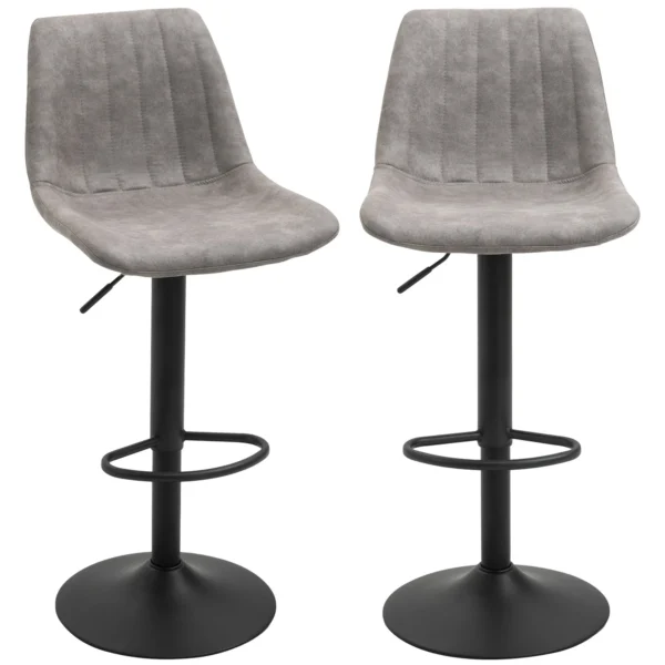 Set of 2 Bar Stools with Backrest, Footrest and Adjustable Height Industrial Style, Grey