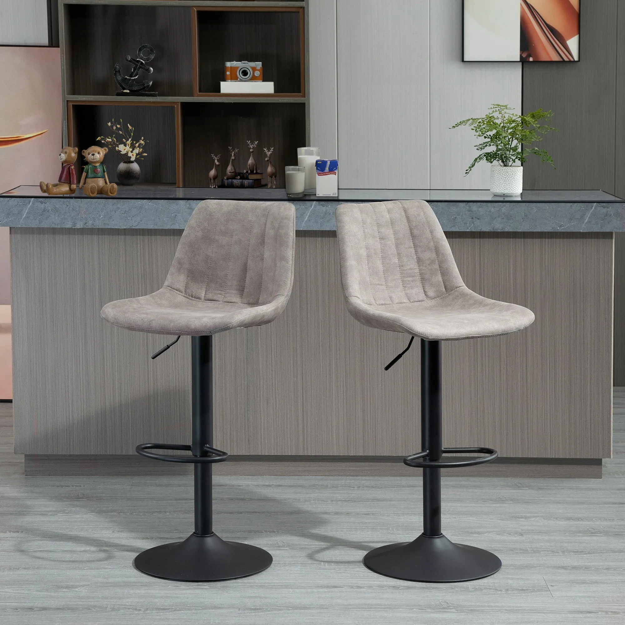 Set of 2 Bar Stools with Backrest, Footrest and Adjustable Height Industrial Style, Grey - Image 2