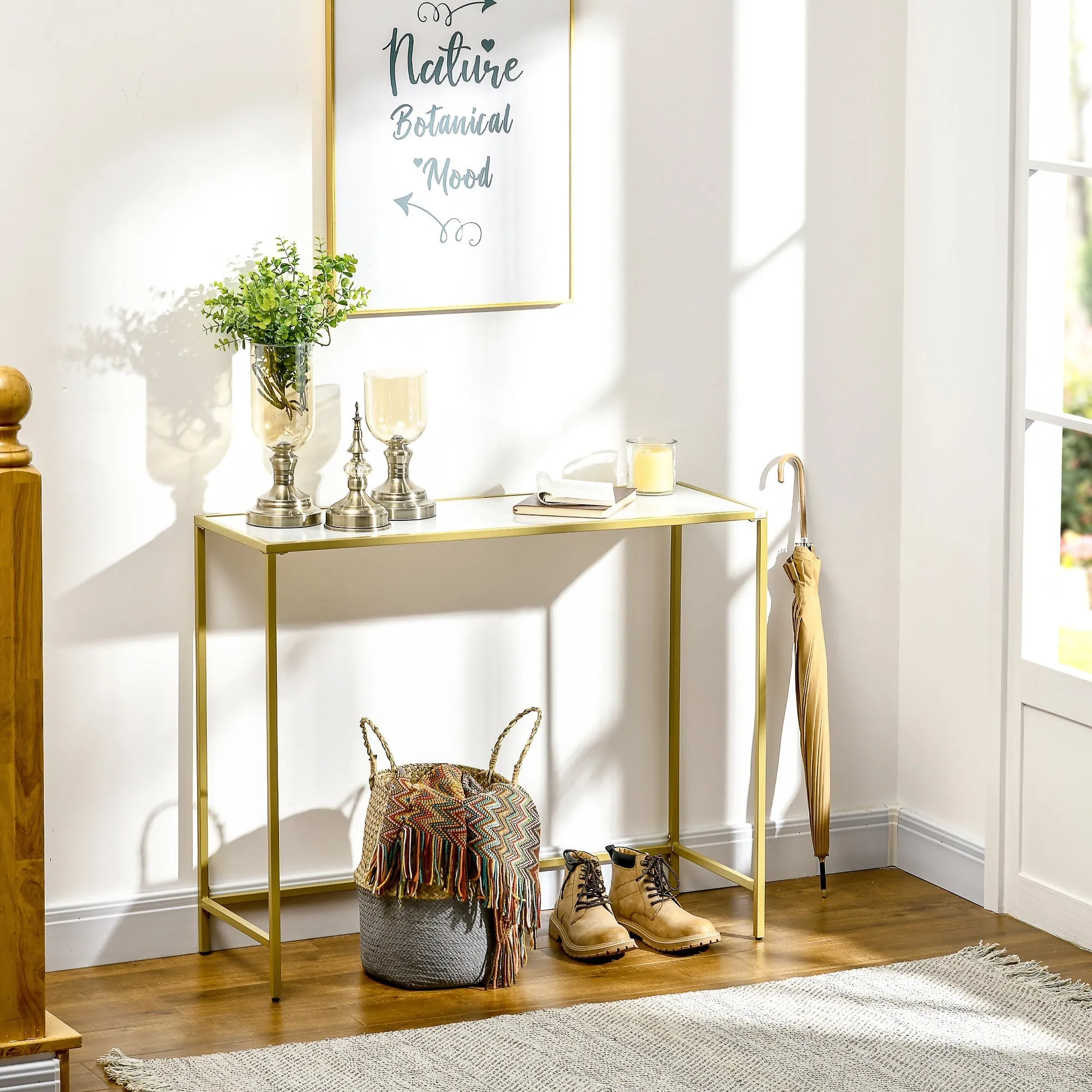 Console Table for Entrance in Steel and Tempered Glass, 100x35.5x80cm, White and Gold - Image 2