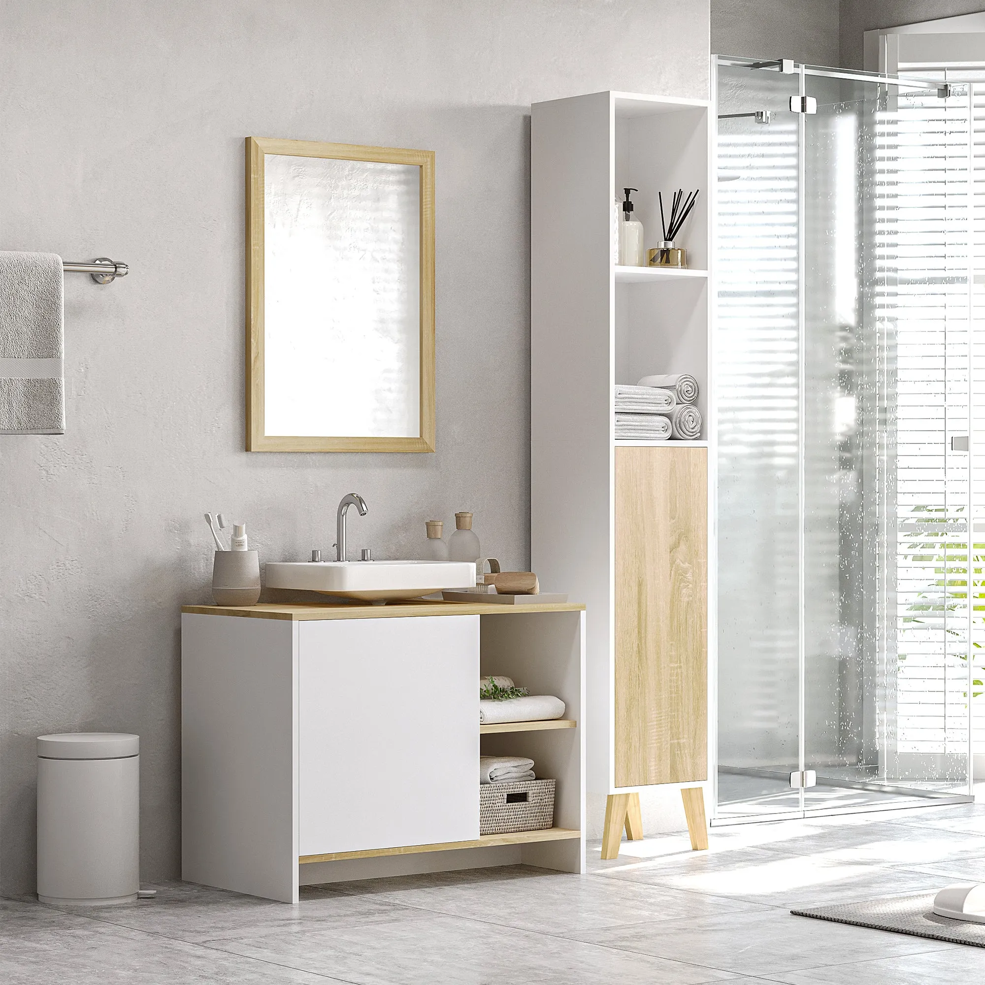 White with Wooden Top Bathroom Vanity | 77 x 45 x 60cm - Image 2
