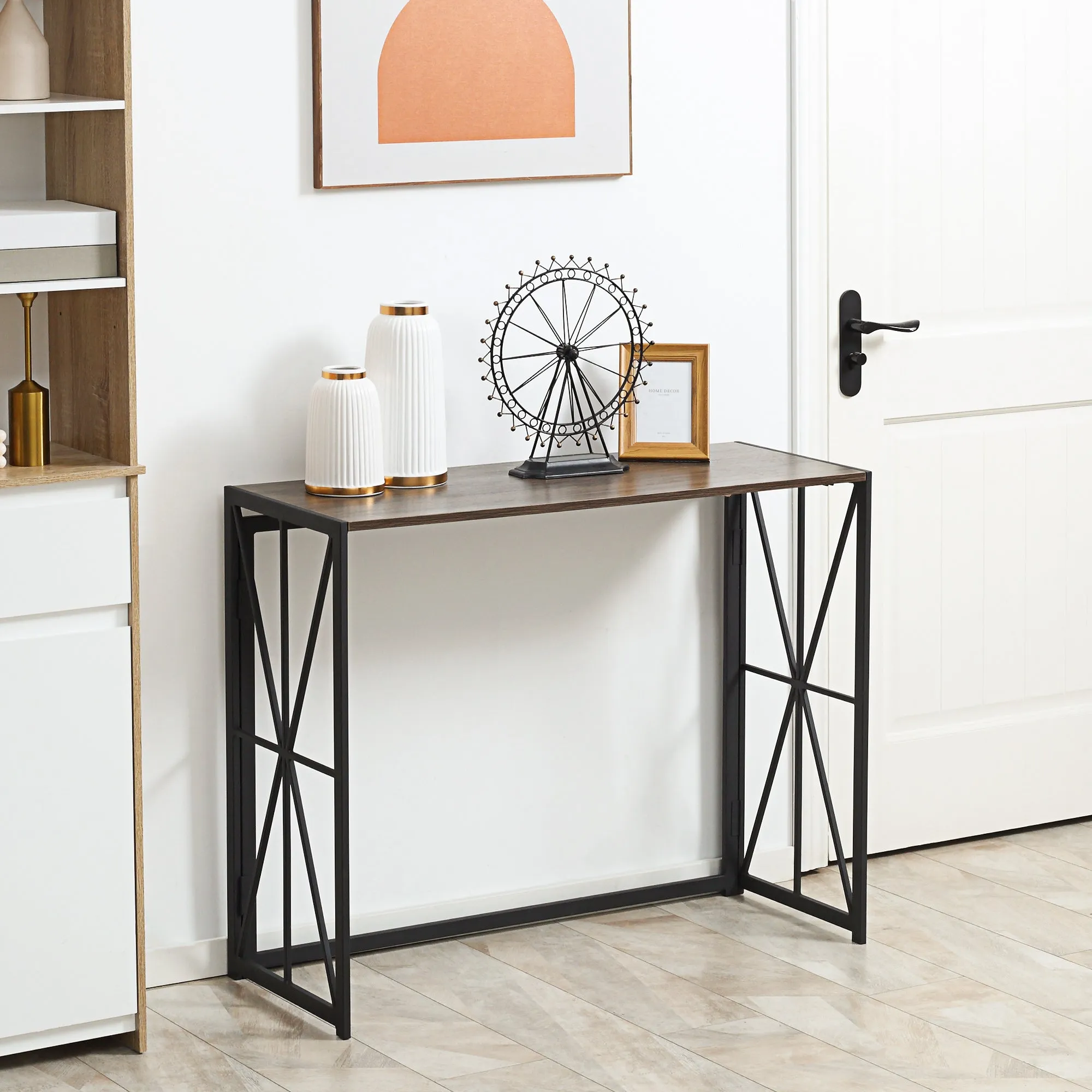 Industrial Style Folding Entryway Console Table in Wood and Metal, 100x38x80cm, Brown - Image 2