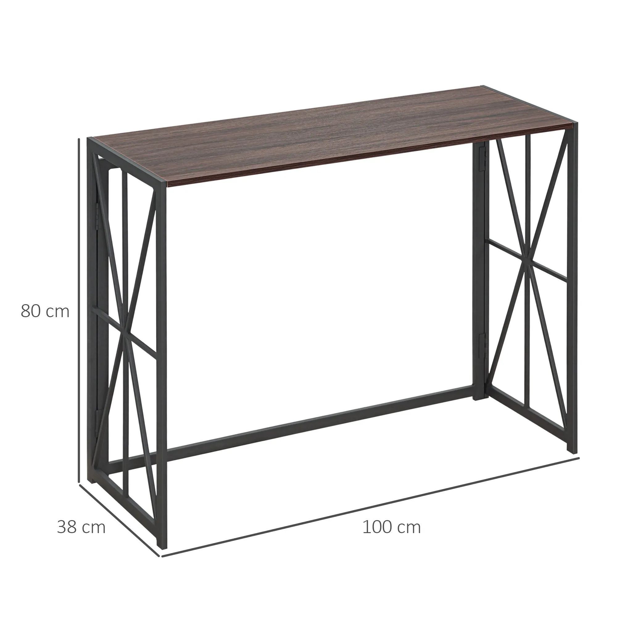 Industrial Style Folding Entryway Console Table in Wood and Metal, 100x38x80cm, Brown - Image 3