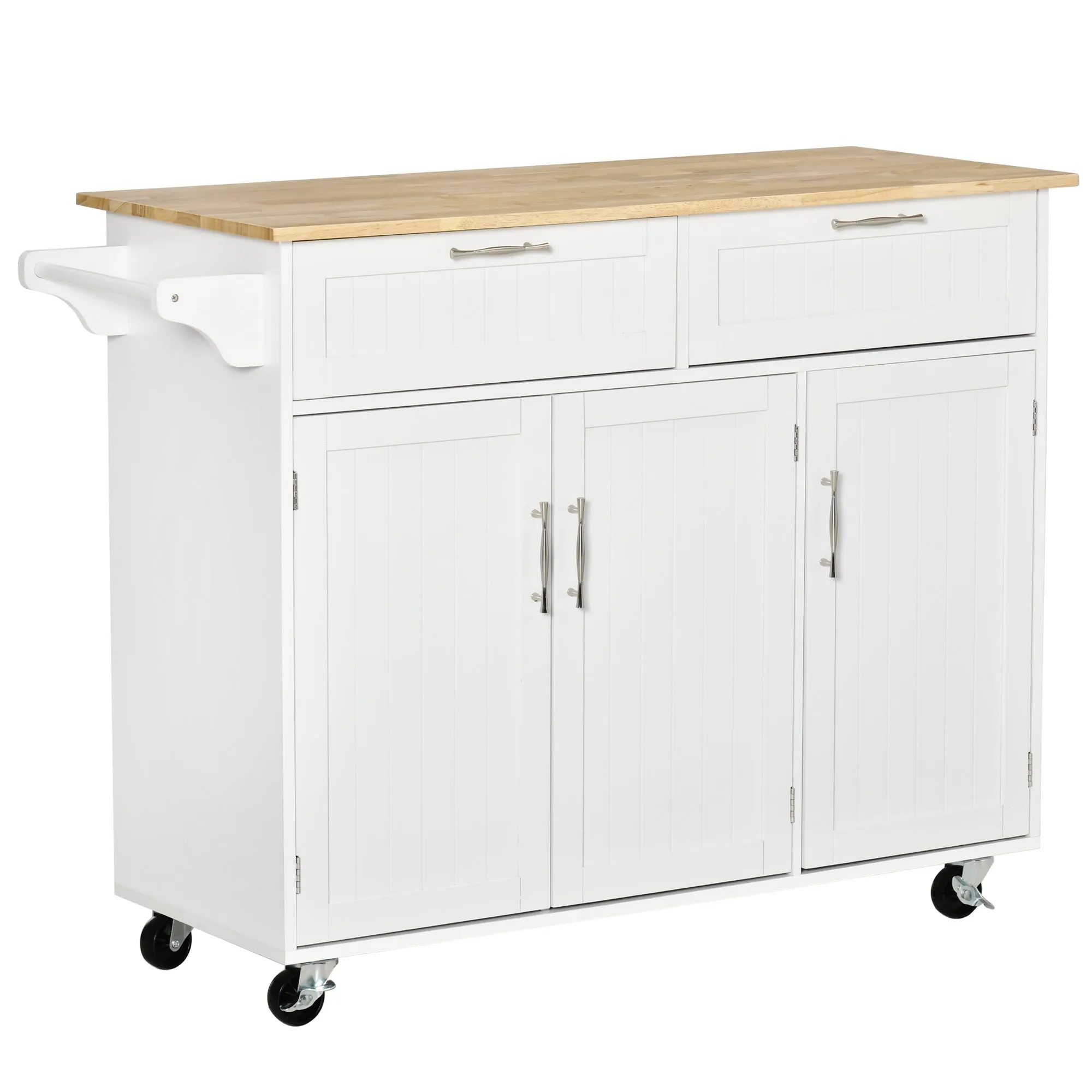 VERA | Multipurpose Wooden Kitchen Cart Trolley with 2 Drawers, 3 Doors and 4 Wheels 121x46x91cm - White