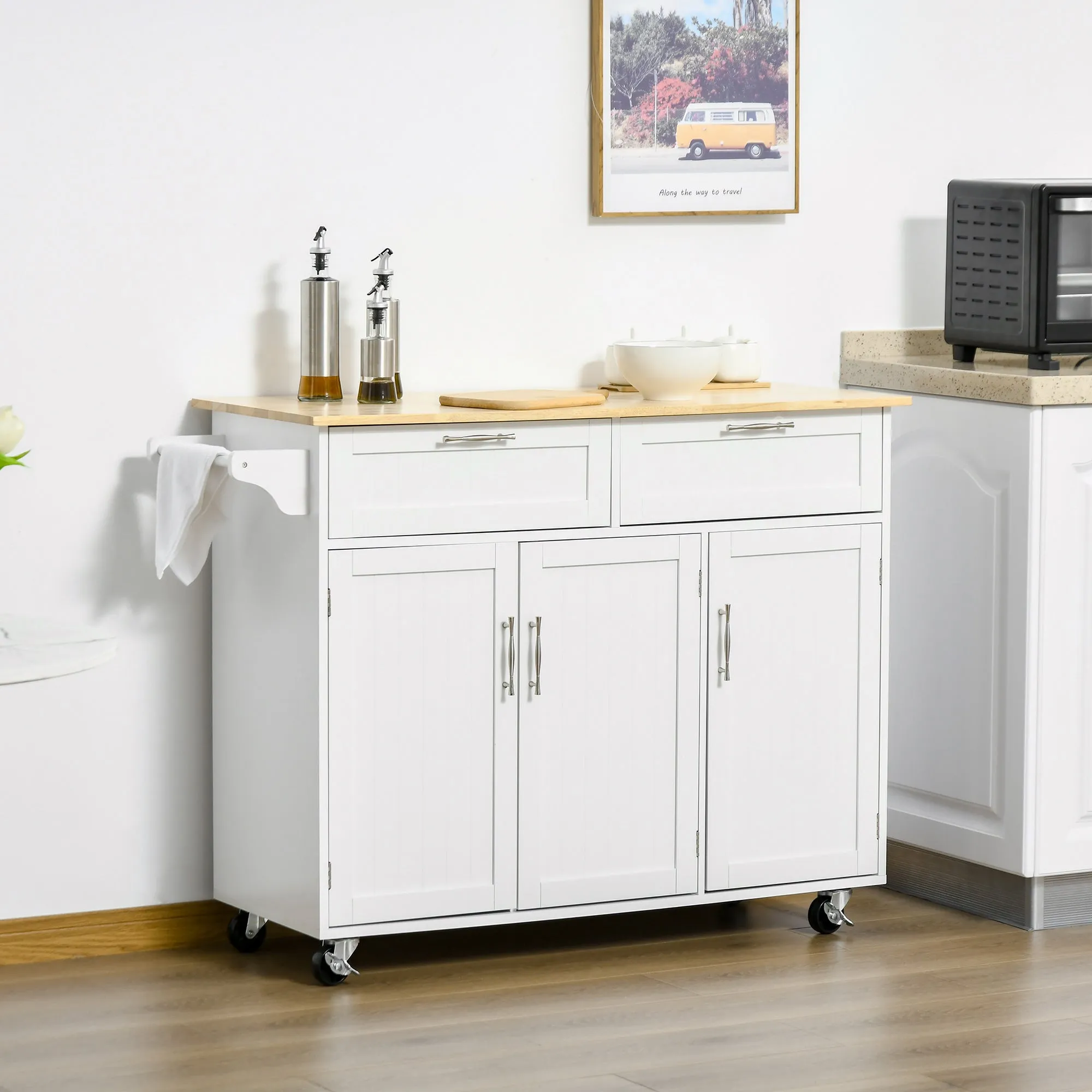 VERA | Multipurpose Wooden Kitchen Cart Trolley with 2 Drawers, 3 Doors and 4 Wheels 121x46x91cm - White - Image 2