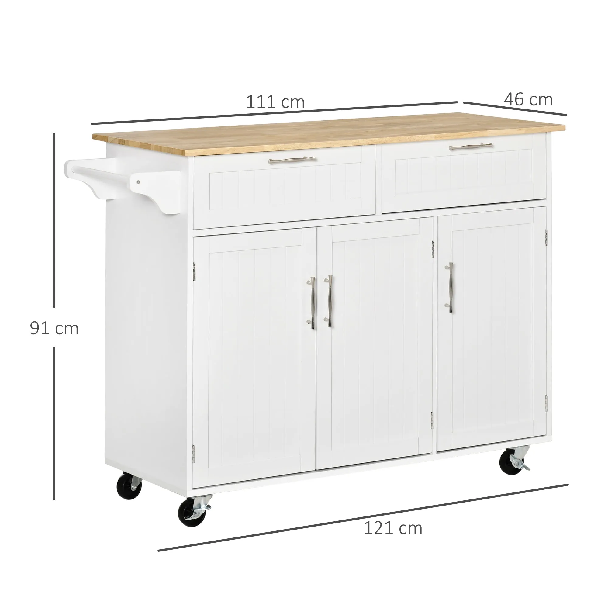 VERA | Multipurpose Wooden Kitchen Cart Trolley with 2 Drawers, 3 Doors and 4 Wheels 121x46x91cm - White - Image 3