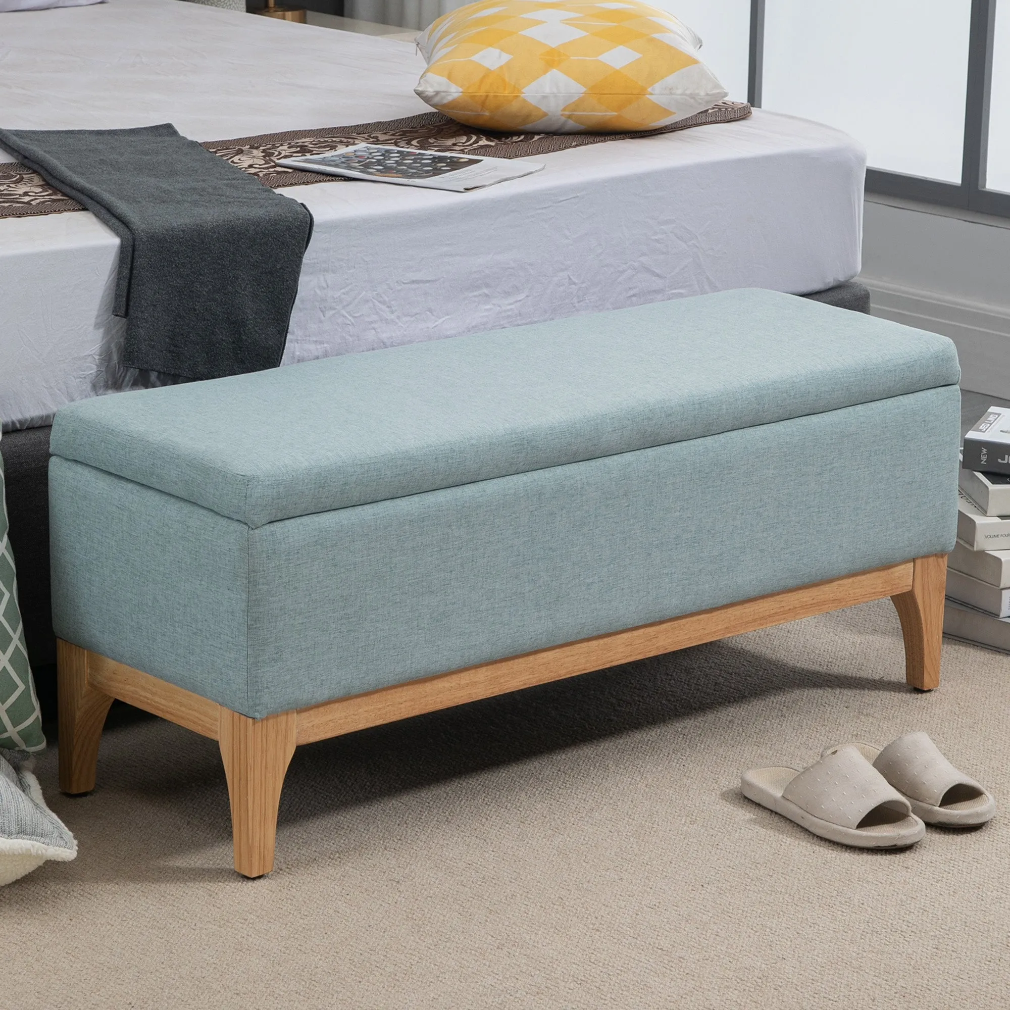 Scandinavian Design Fabric Upholstered Storage Bench, 110x39x45Hcm - Light Blue - Image 2