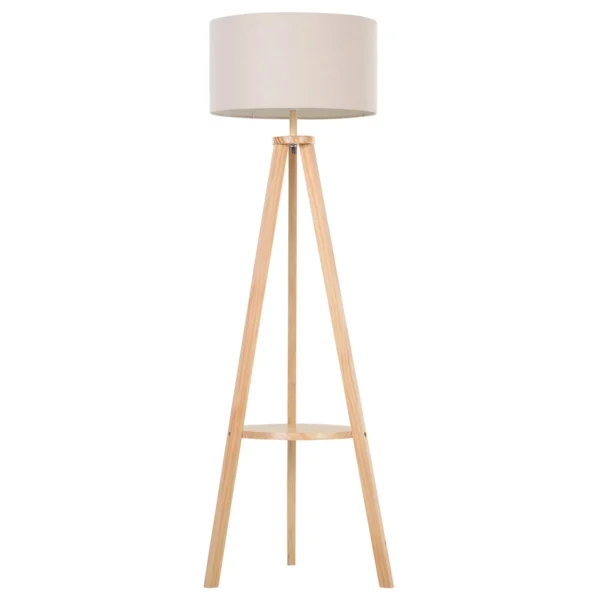 Floor Lamp with Intermediate Shelf Linen Lampshade Energy Saving Pedal Switch Height 154cm, Wood, 50x50x154 cm