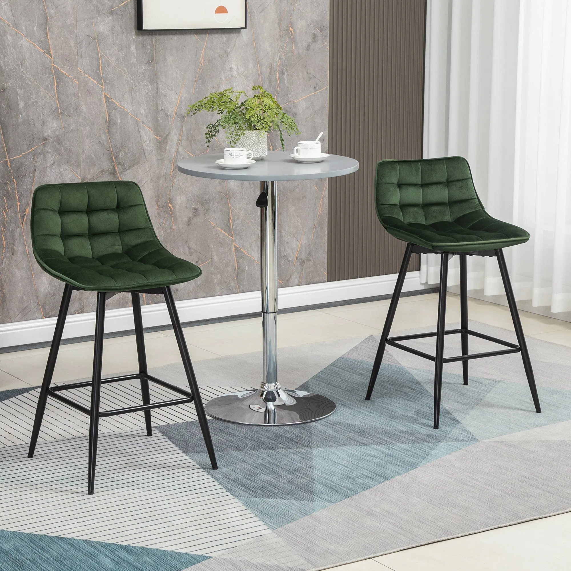 Set of 2 Nordic Style Metal and Velvet Bar Stools with Backrest and Footrest, Green, 45x47x84cm - Image 2