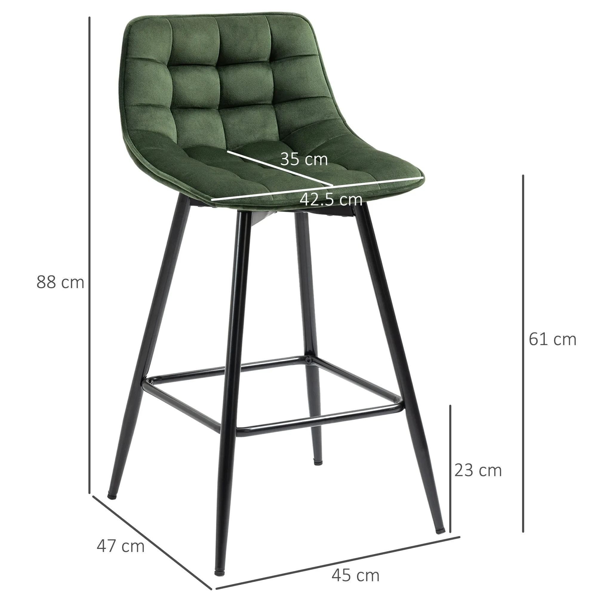 Set of 2 Nordic Style Metal and Velvet Bar Stools with Backrest and Footrest, Green, 45x47x84cm - Image 3