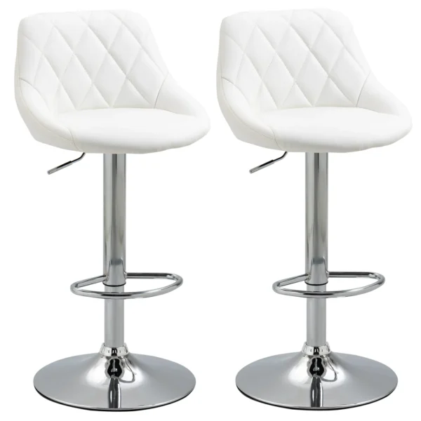 Set of 2 Bar Stools, Adjustable Height with Metal Base and PU Leather Seat, Modern Stools with Backrest and Footrest, 46x48x83-104cm, White
