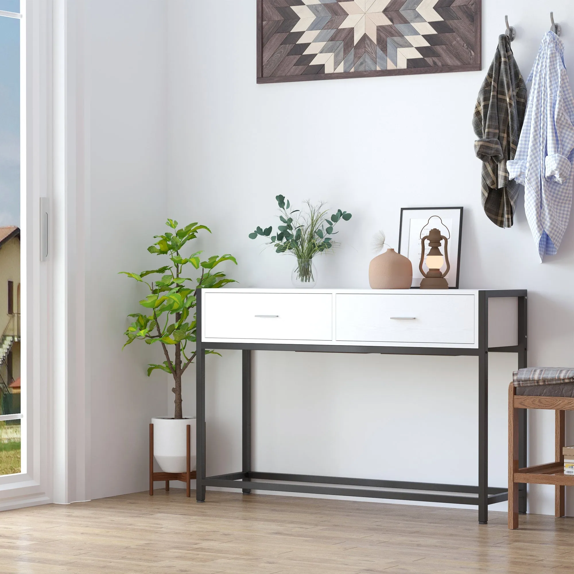 table console for entrance with 2 drawers in white wood and black metal - Image 2