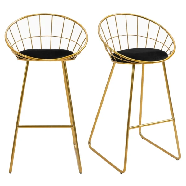 GOLDENBAR | Set of 2 High Bar Stools with Backrest and Footrest for Living Room or Kitchen Modern Style, Velvet Cushion and Metal Frame, 52.5x47x97cm, Black and Gold