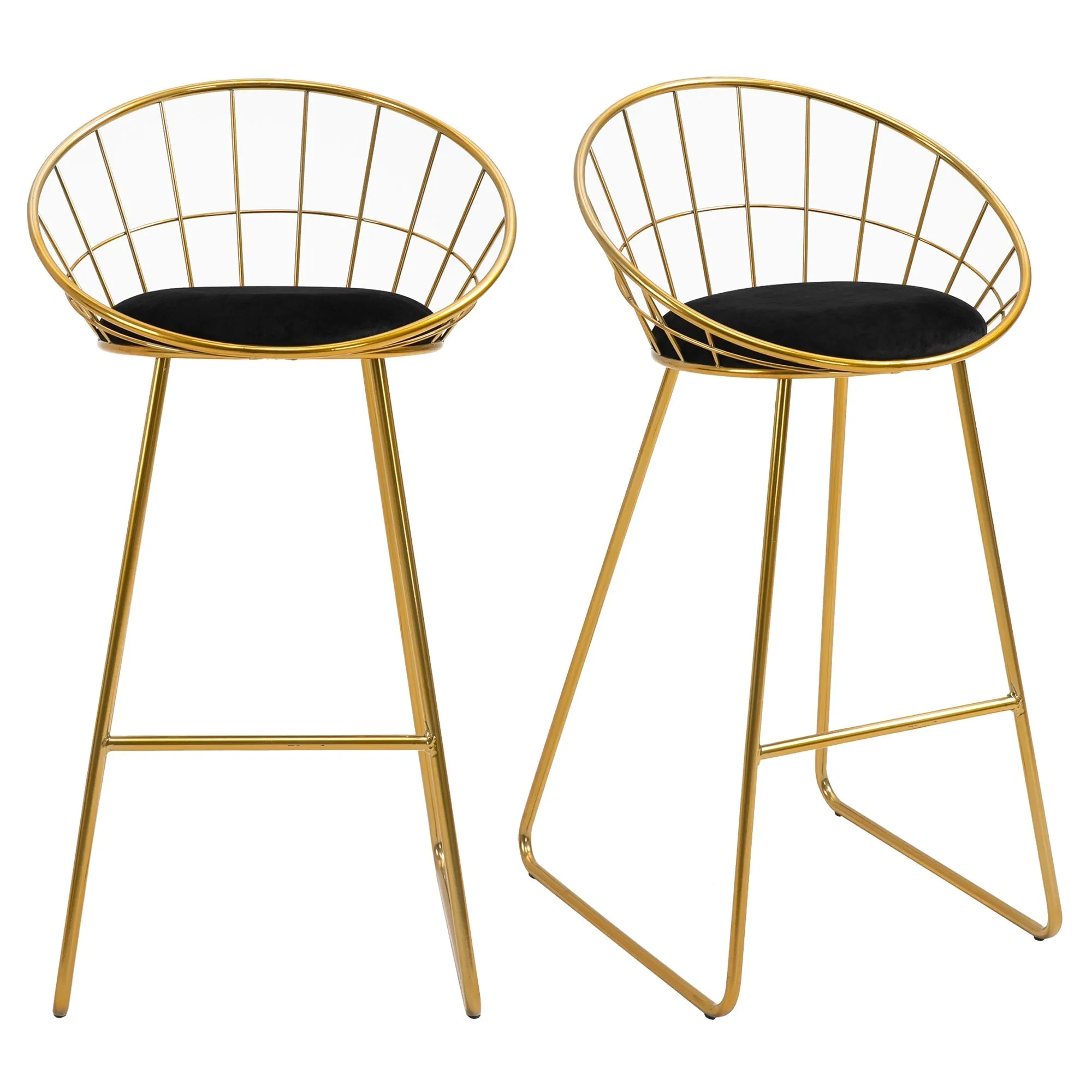 GOLDENBAR | Set of 2 High Bar Stools with Backrest and Footrest for Living Room or Kitchen Modern Style, Velvet Cushion and Metal Frame, 52.5x47x97cm, Black and Gold