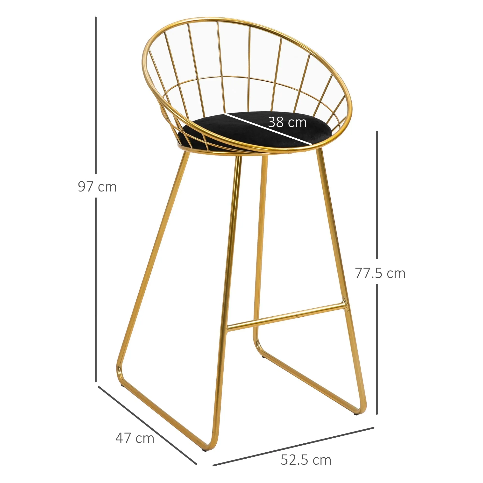 GOLDENBAR | Set of 2 High Bar Stools with Backrest and Footrest for Living Room or Kitchen Modern Style, Velvet Cushion and Metal Frame, 52.5x47x97cm, Black and Gold - Image 3