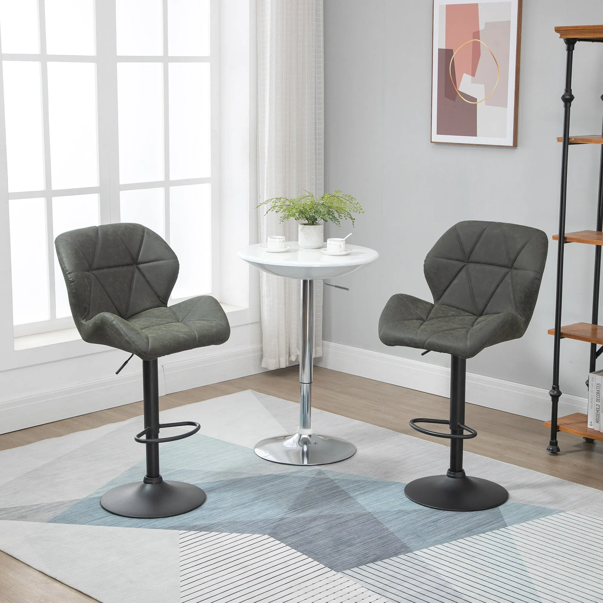 Set of 2 Bar Stools with Adjustable Height, Metal Base and Faux Leather Seat, Stools with Backrest and Footrest, 51.5x57. 5x93-114.5 cm, Army Green - Image 2