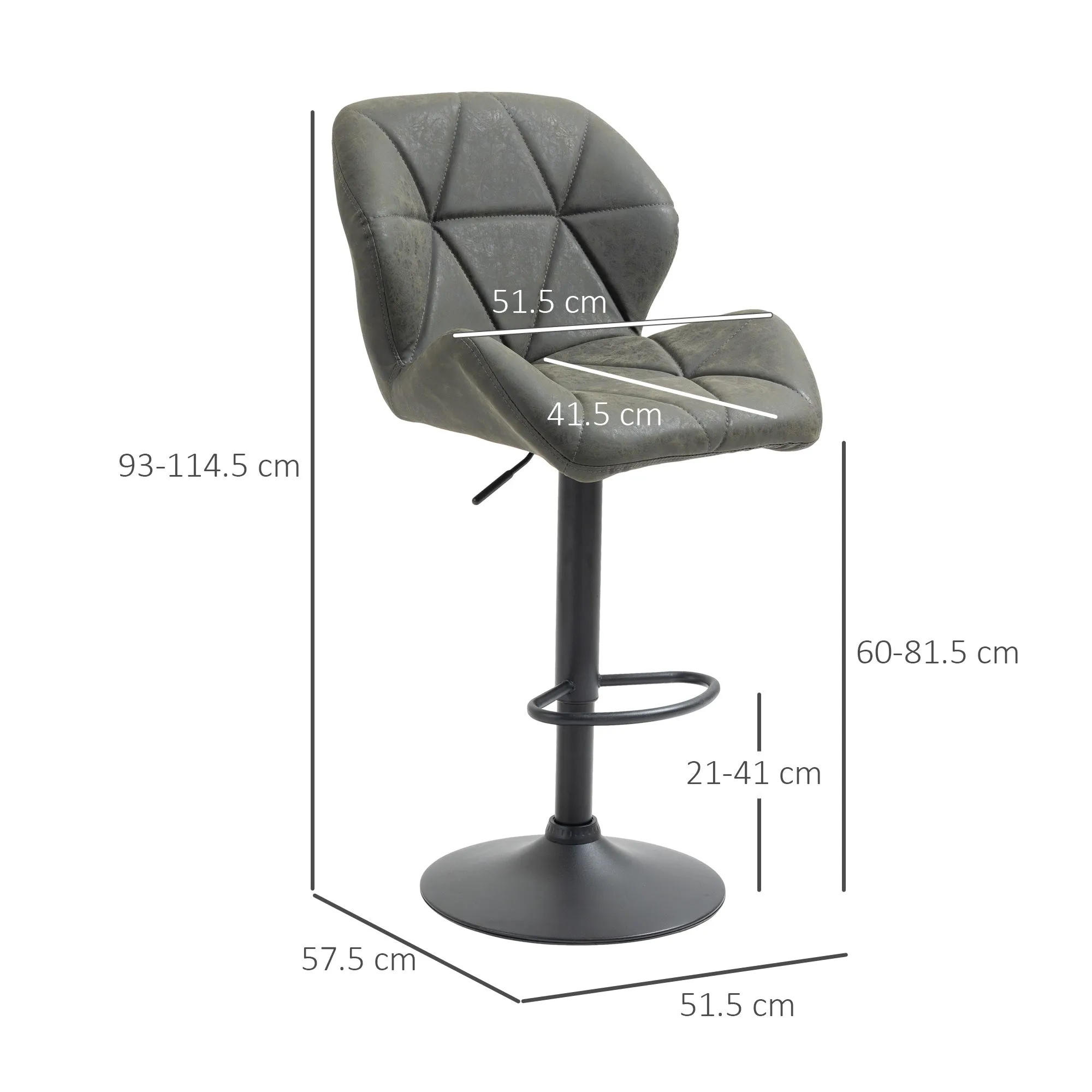 Set of 2 Bar Stools with Adjustable Height, Metal Base and Faux Leather Seat, Stools with Backrest and Footrest, 51.5x57. 5x93-114.5 cm, Army Green - Image 3